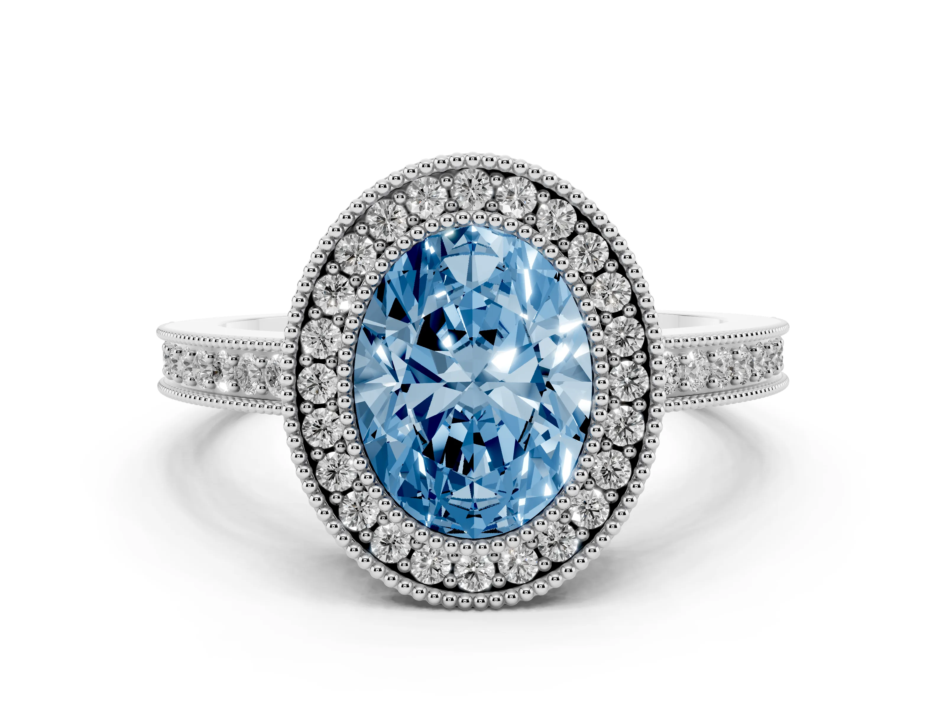 Fancy Blue Oval Cut Diamond Round Halo Ring Set in White gold with Pavé Band