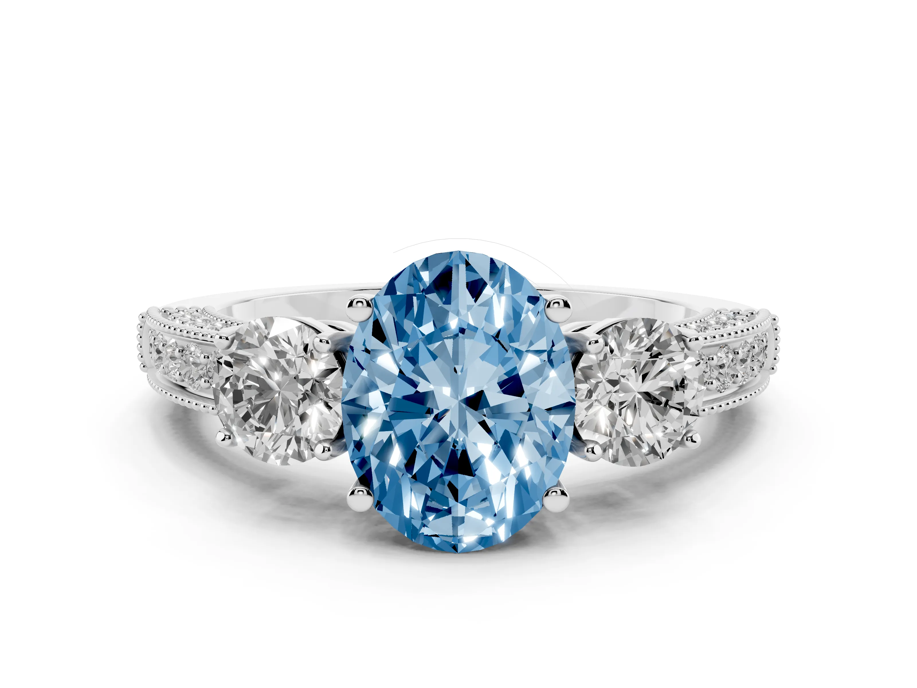 Fancy Blue Oval Cut Diamond Three-Stone Ring Set in Silver with Round Side Stones and Pavé Band