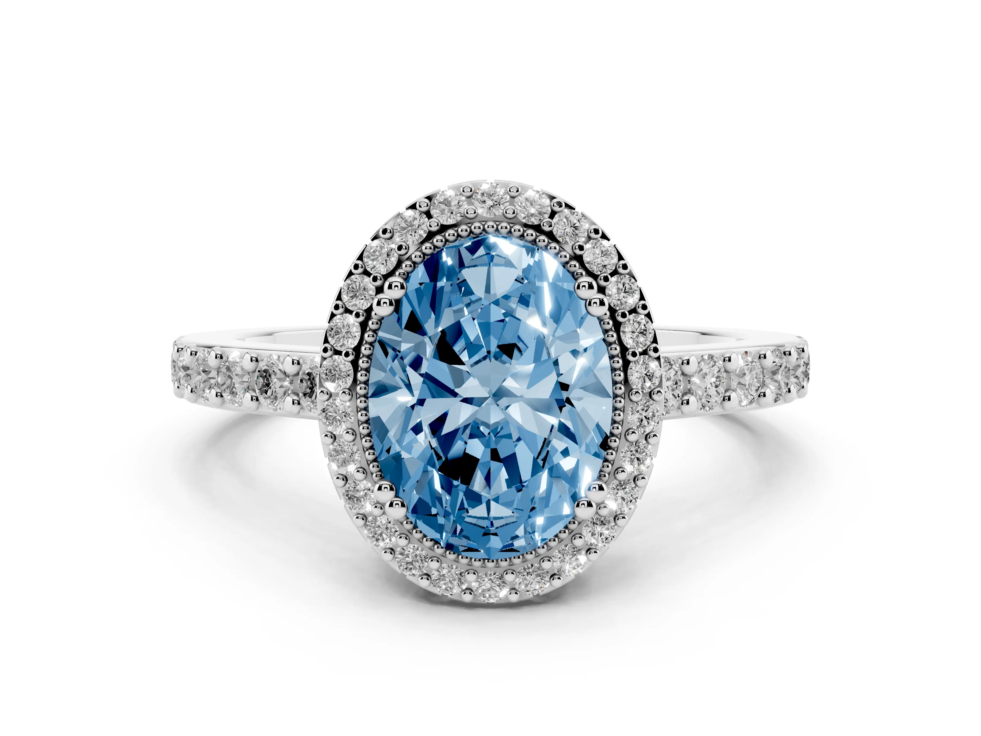 Fancy Blue Oval Cut Diamond Halo Engagement Ring Set in Platinum with Milgrain Detail and Pavé Band