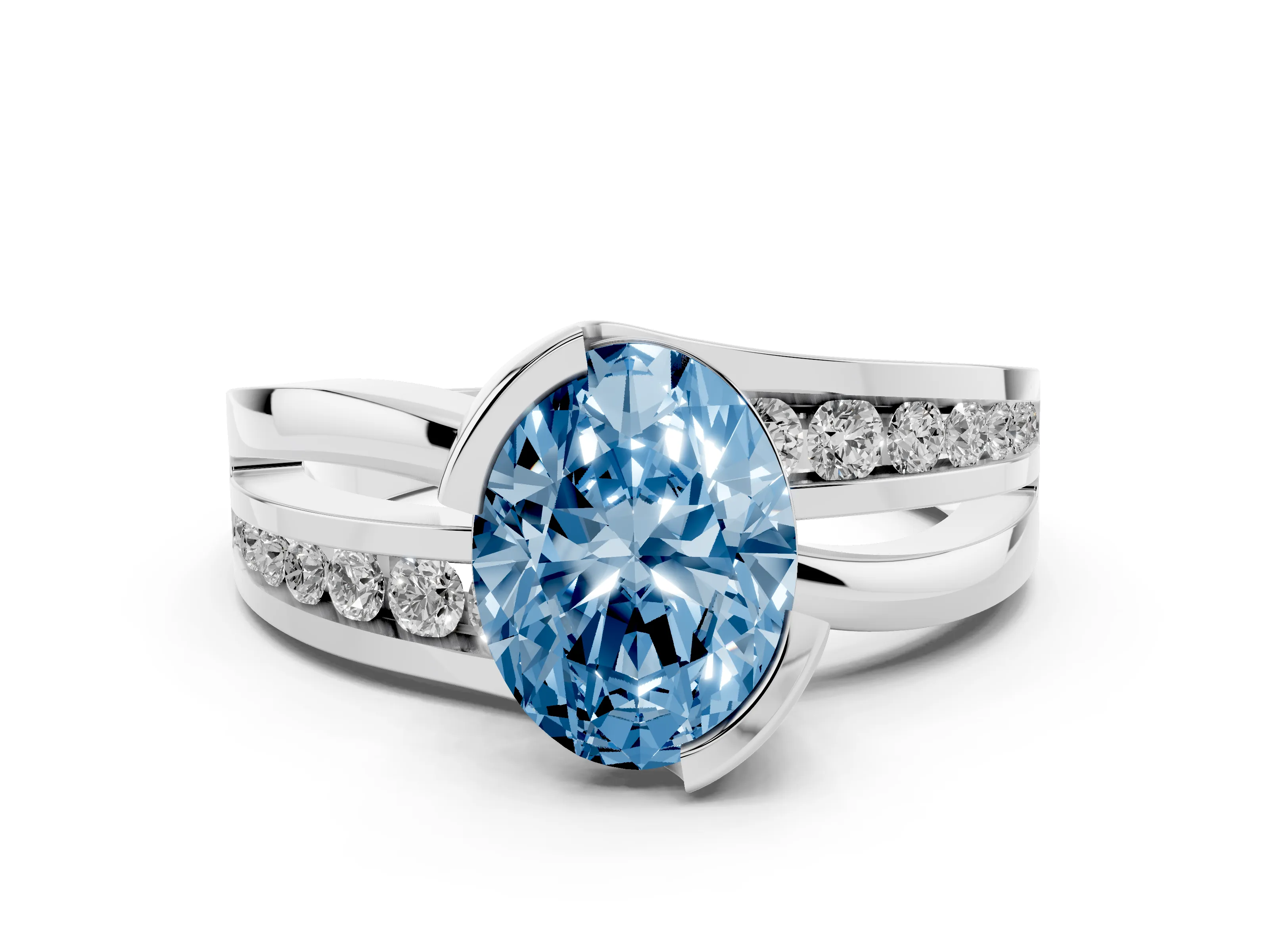 Fancy Blue Oval Cut Diamond Solitaire Ring Set in Silver with Channel Set Split Shank and Tension Prongs