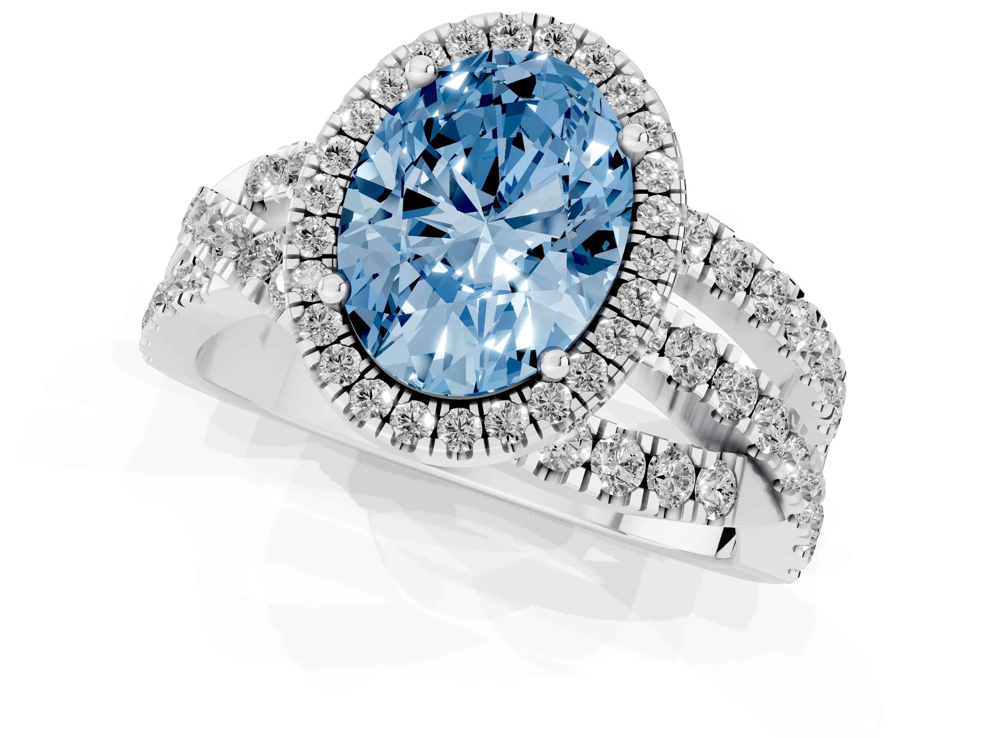 Fancy Blue Oval Cut Diamond Halo Ring Set in Platinum with Round Crossover Split Shank and Prong Setting