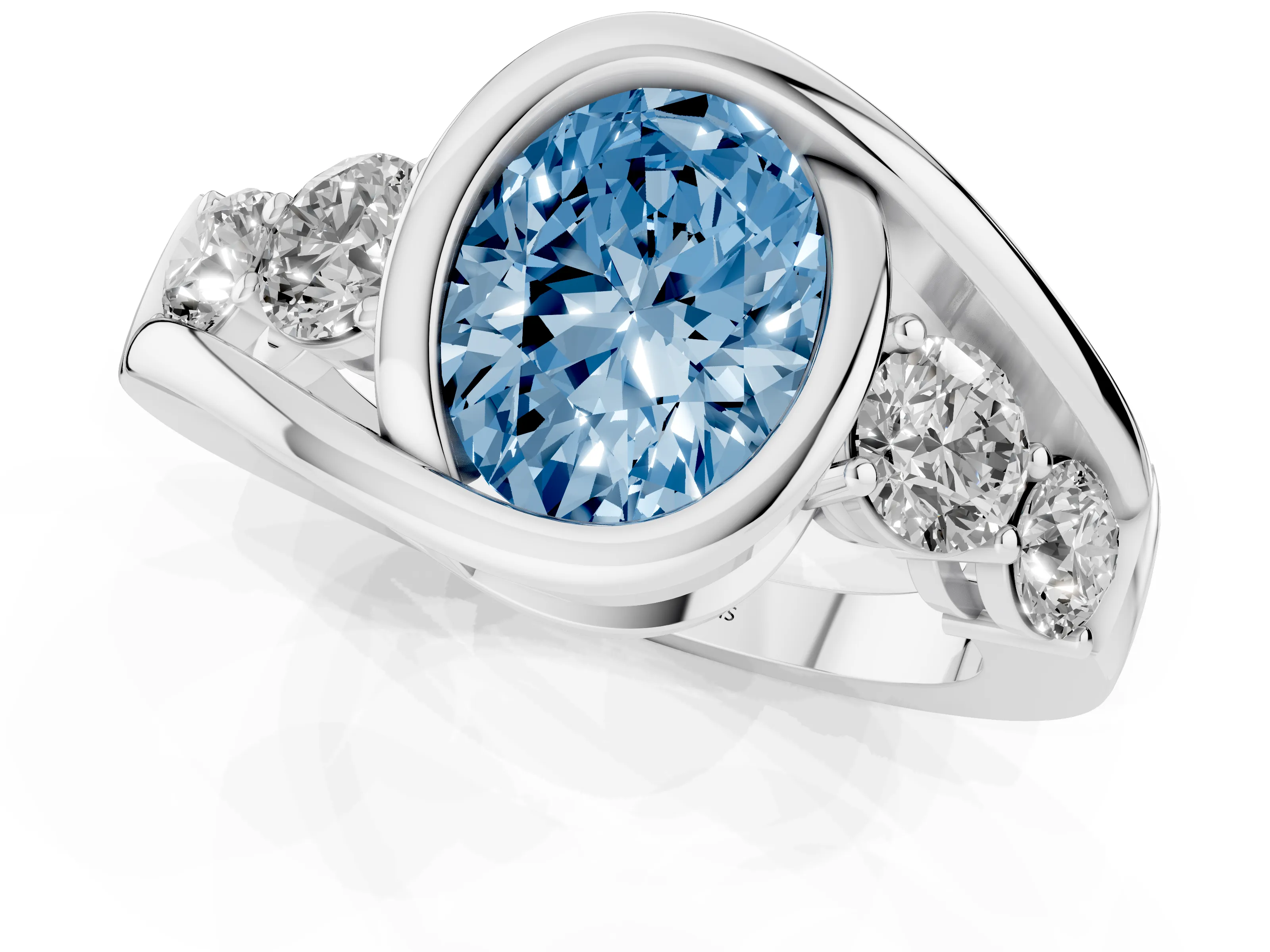 Fancy Blue Oval Cut Diamond Bezel Bypass Ring Set in Silver with Round Accents