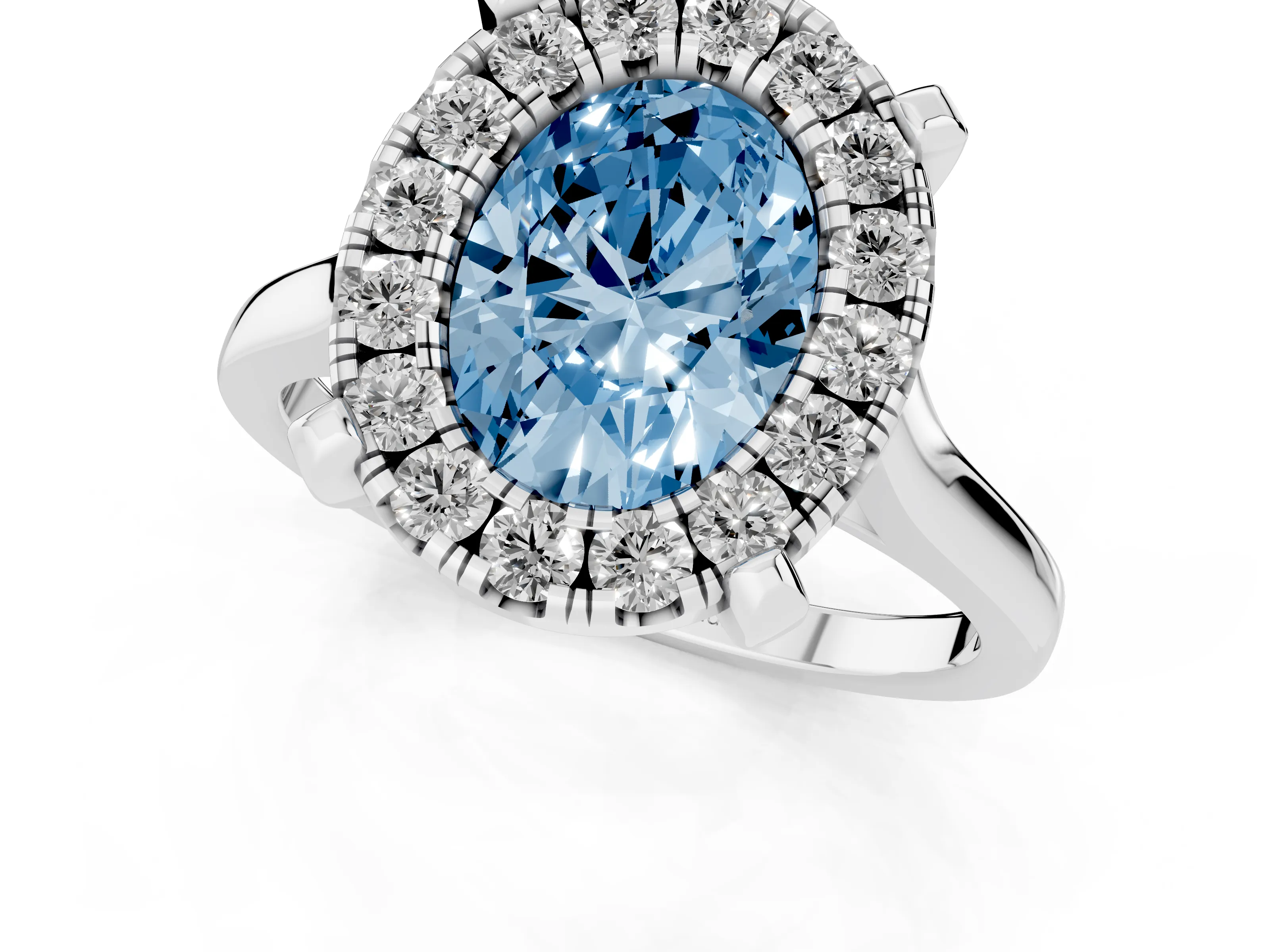 Fancy Blue Oval Cut Diamond Cluster Halo Solitaire Ring Set in Silver with Prong Setting