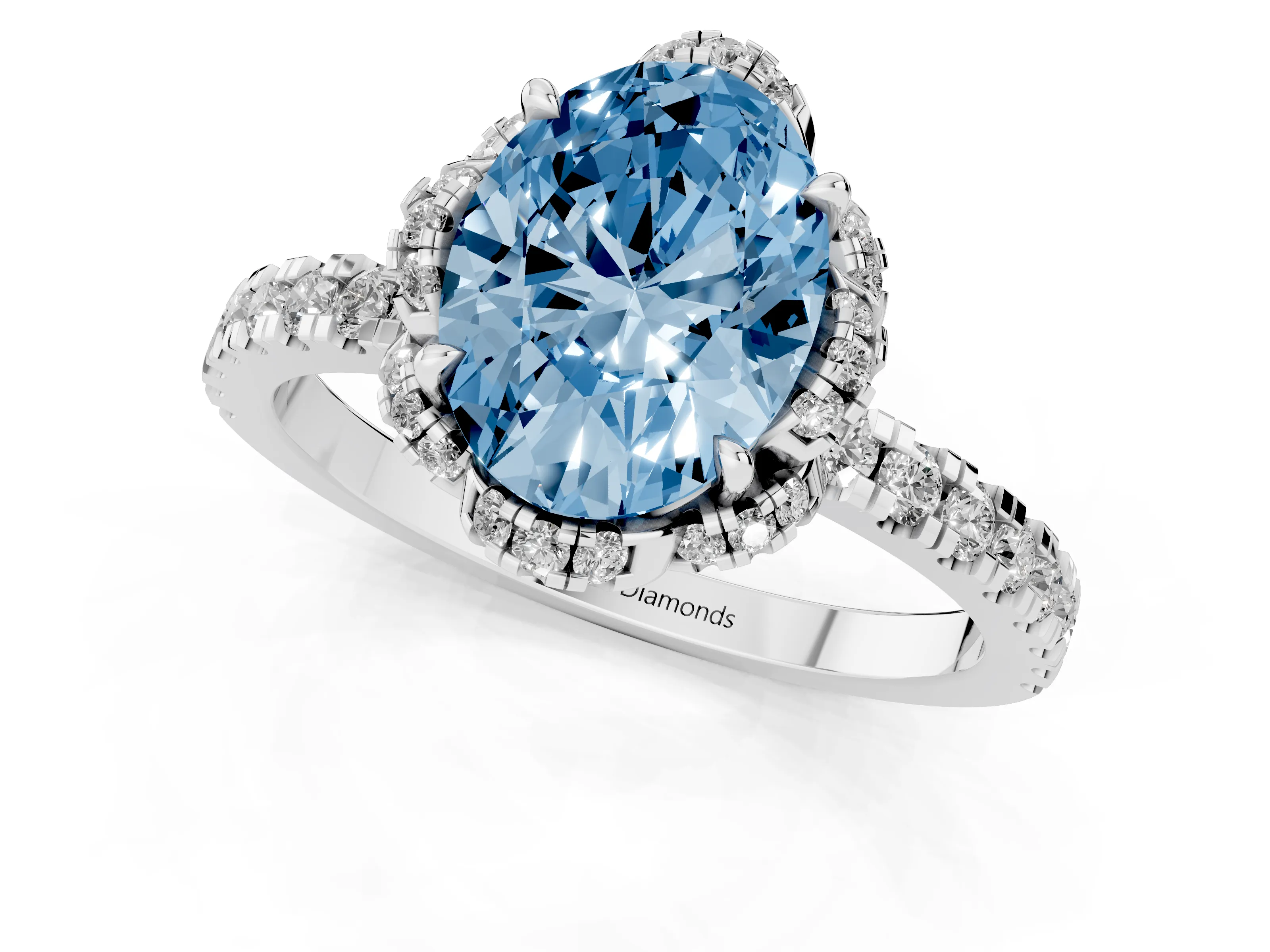 Fancy Blue Oval Cut Diamond Halo Pavé Band Ring Set in Silver with Prong-Held Center