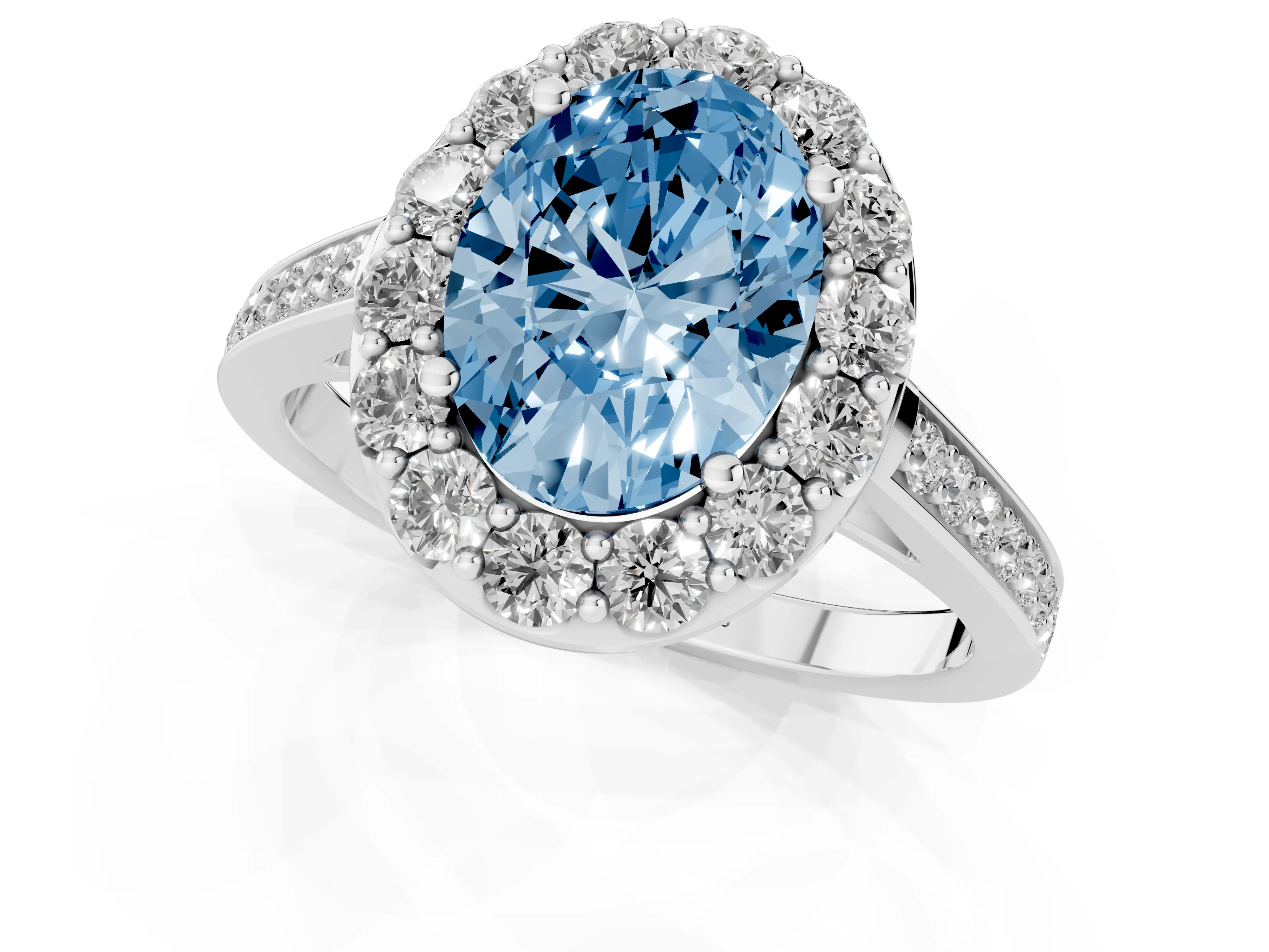 Fancy Blue Oval Cut Diamond Floral Halo Ring Set in Silver with Pavé Band and Prong Setting