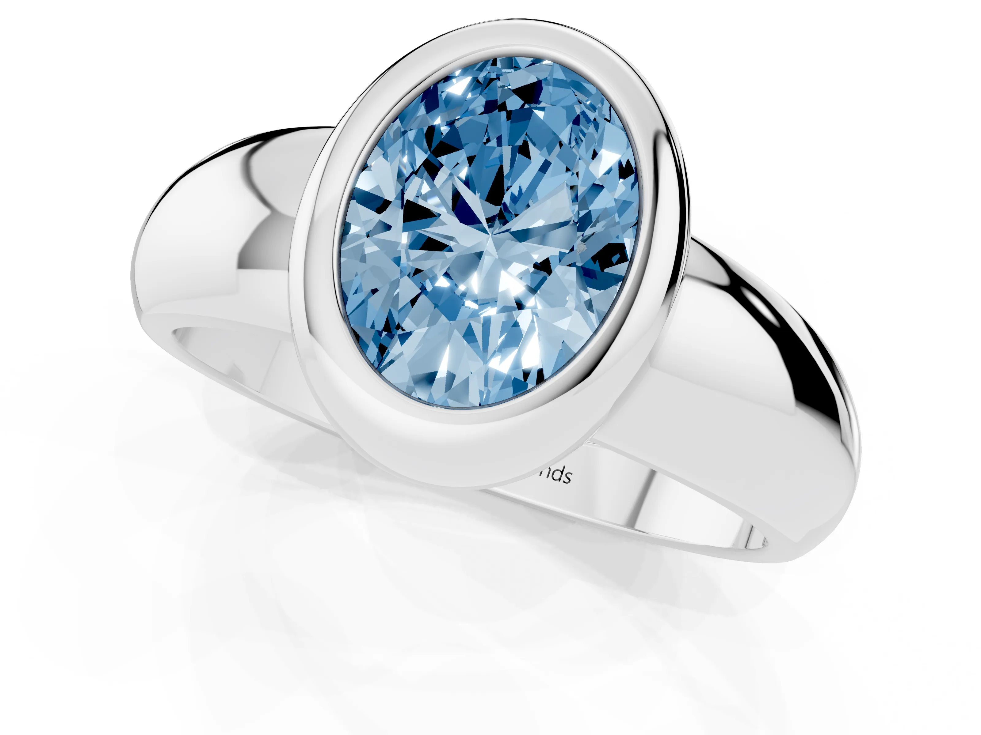 Fancy Blue Bezel Set Oval Cut Diamond Solitaire Ring Set in Platinum with Wide Band