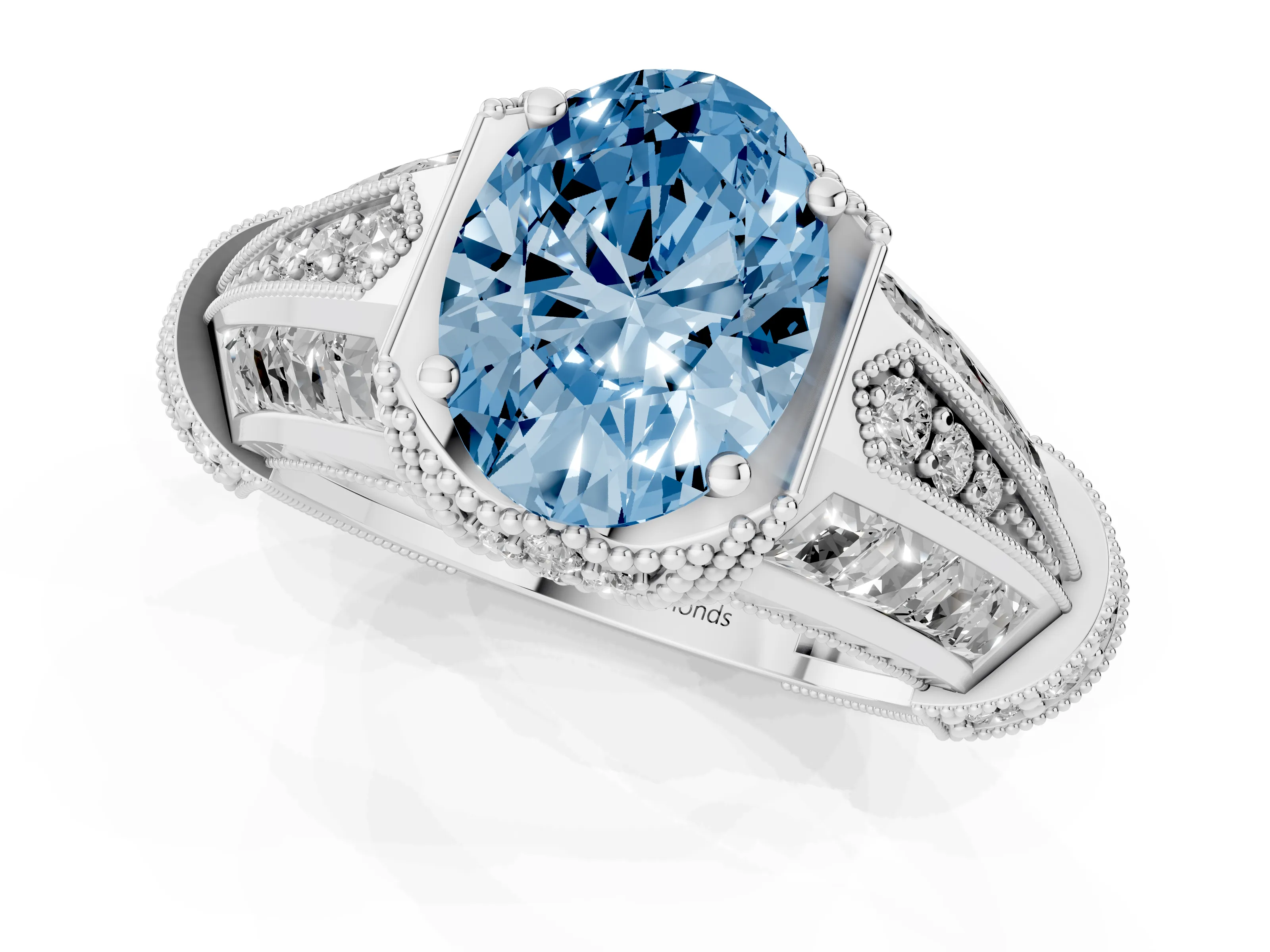 Fancy Blue Oval Cut Diamond Vintage-Inspired Milgrain Ring Set in Silver with Accent Split Shank