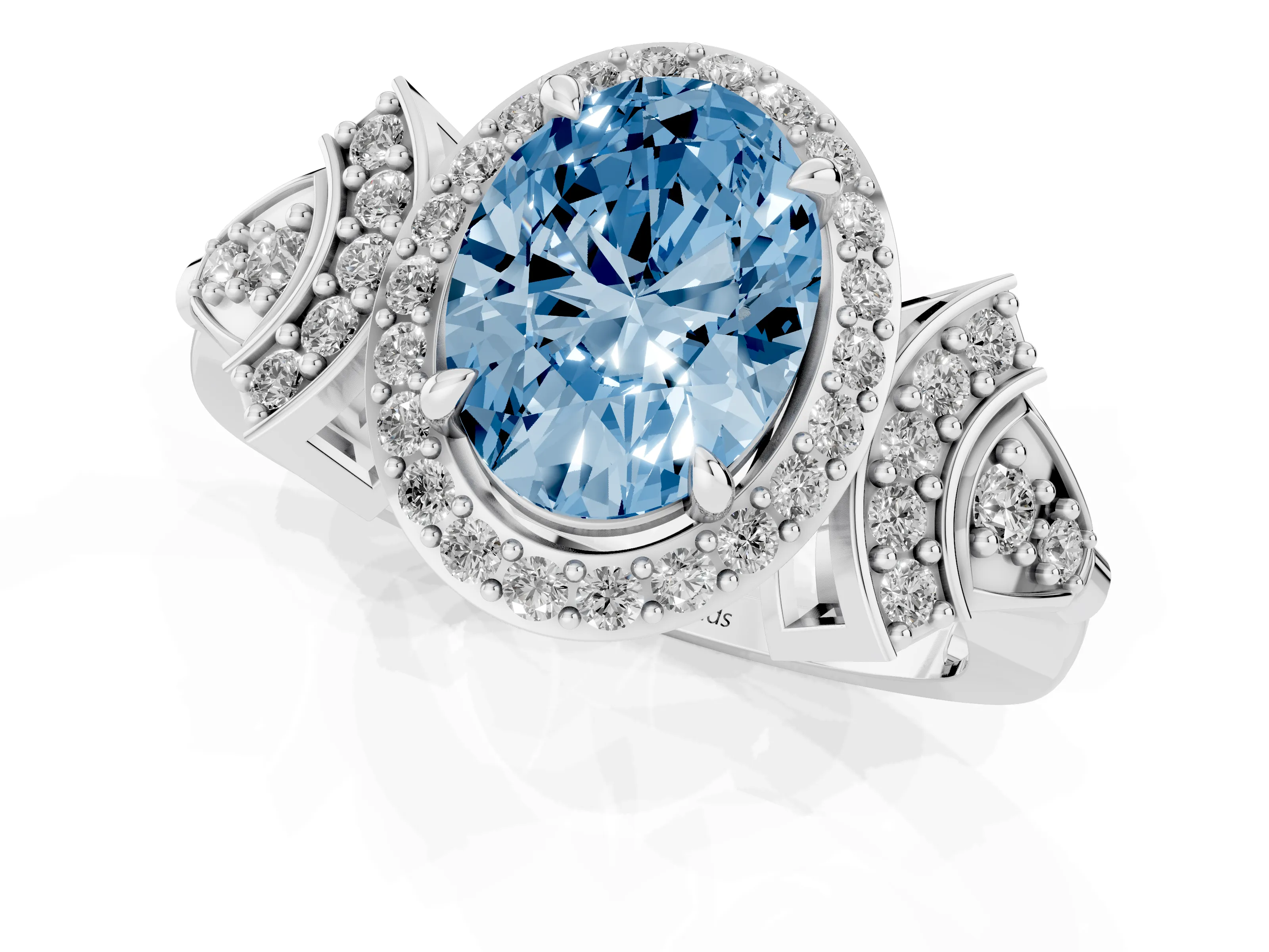 Fancy Blue Oval Cut Diamond Halo Engagement Ring Set in Platinum with Accent Stone Split Shank