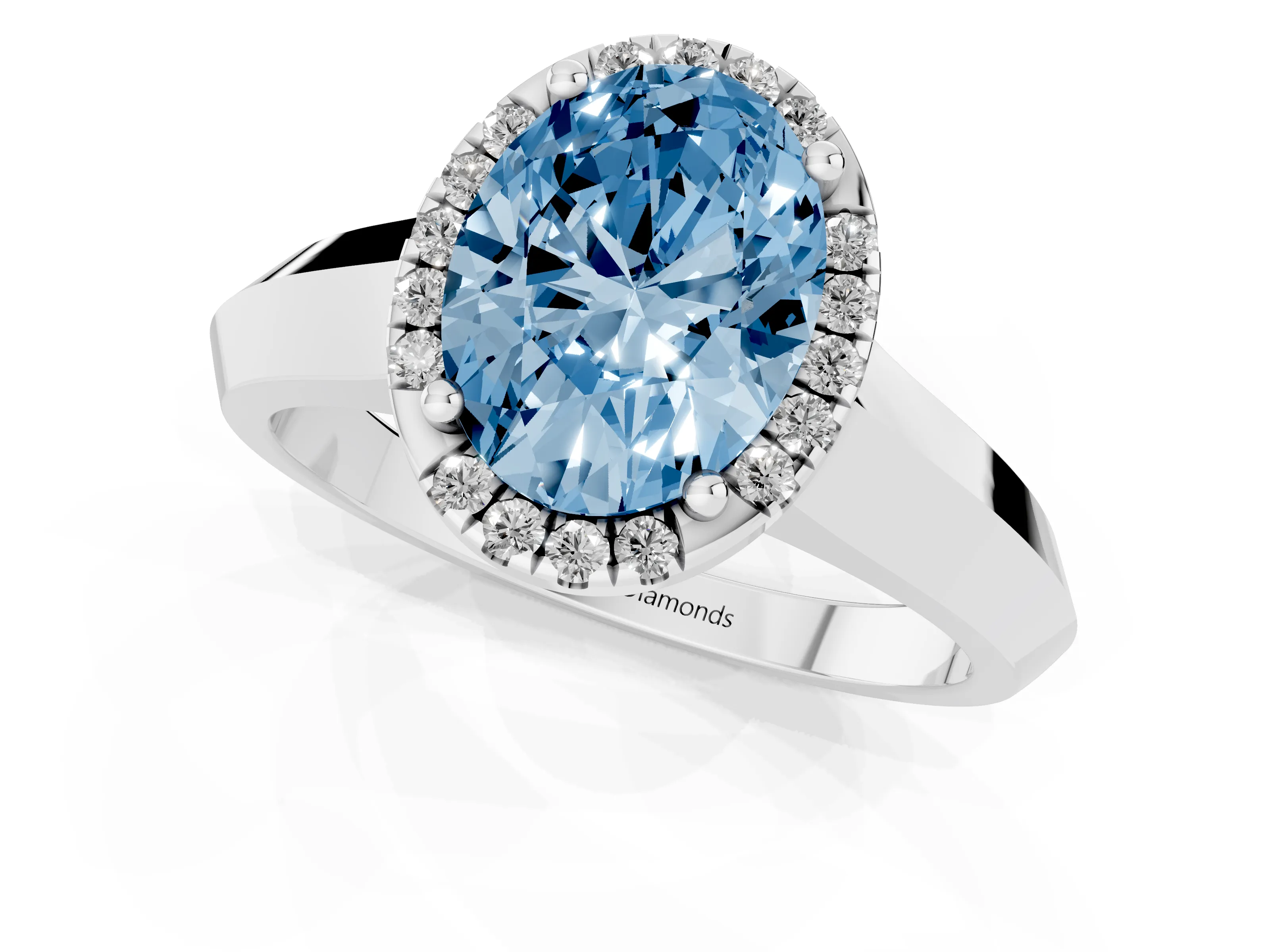 Fancy Blue Oval Cut Diamond Halo Ring Set in White gold with Cathedral Band and Prong Setting