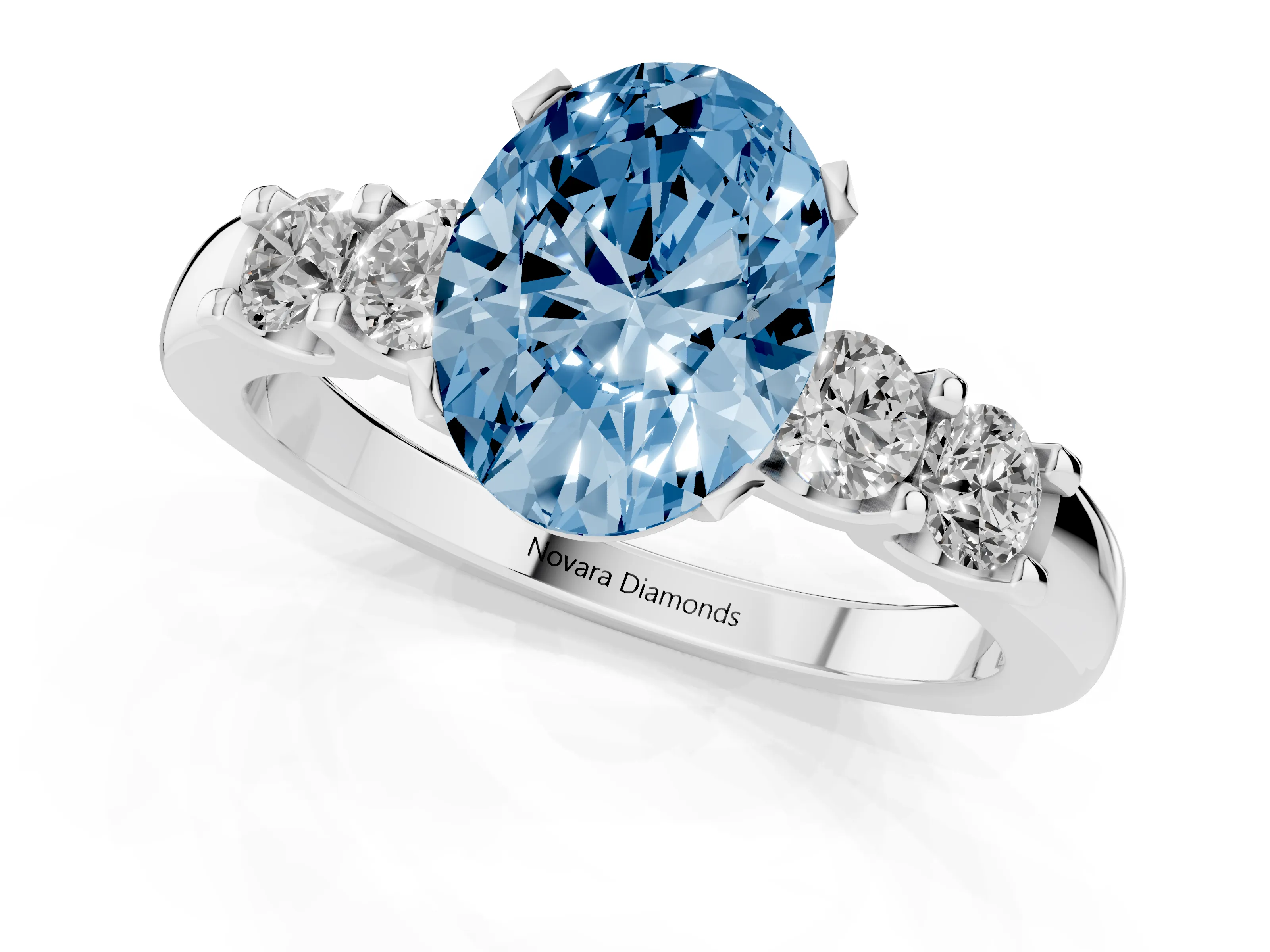 Fancy Blue Oval Cut Diamond Five-Stone Prong Set Engagement Ring Set in Silver with Channel Band