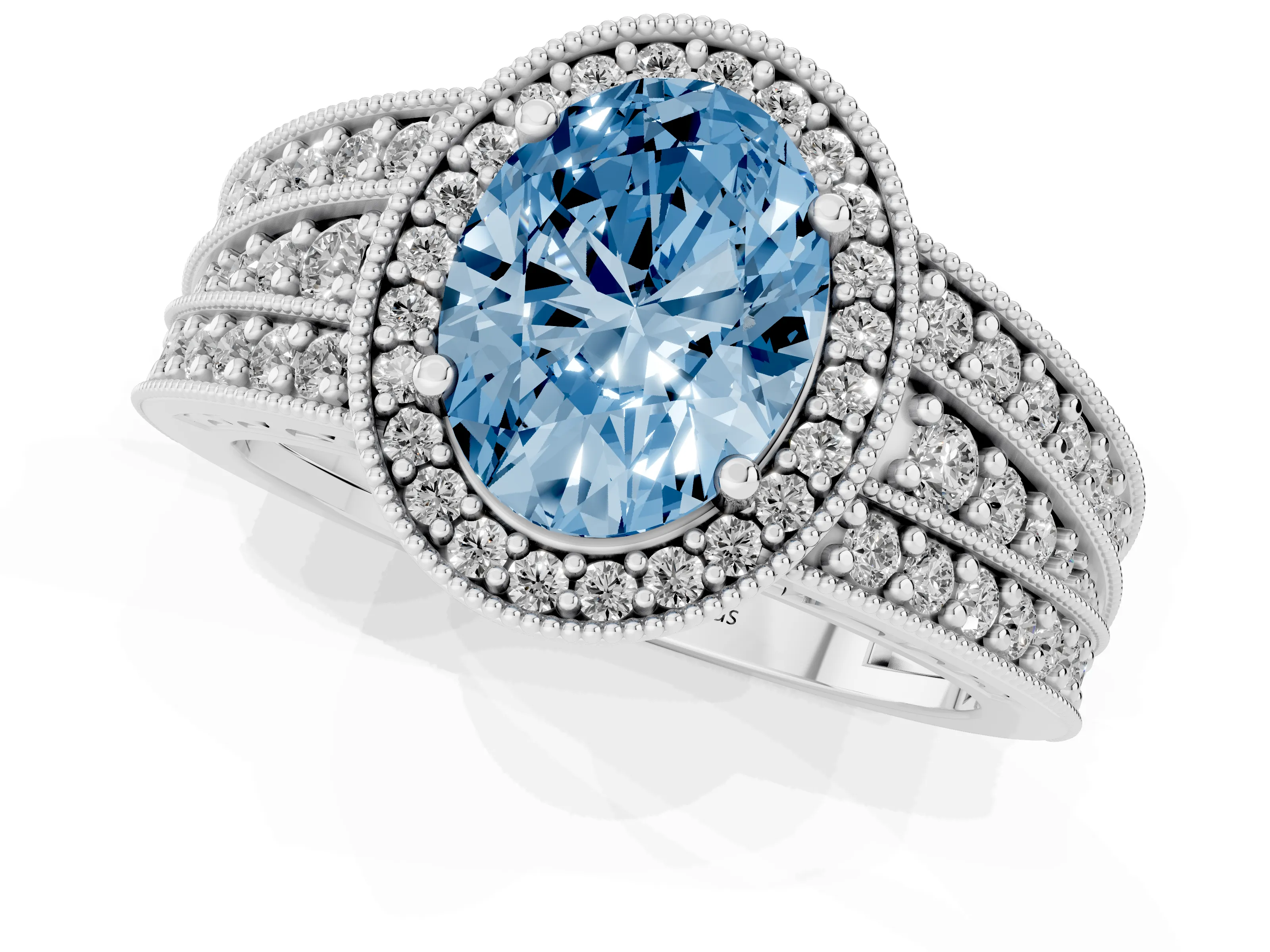 Fancy Blue Oval Cut Diamond Halo Ring Set in Platinum with Accent Split Shank and Prong Setting