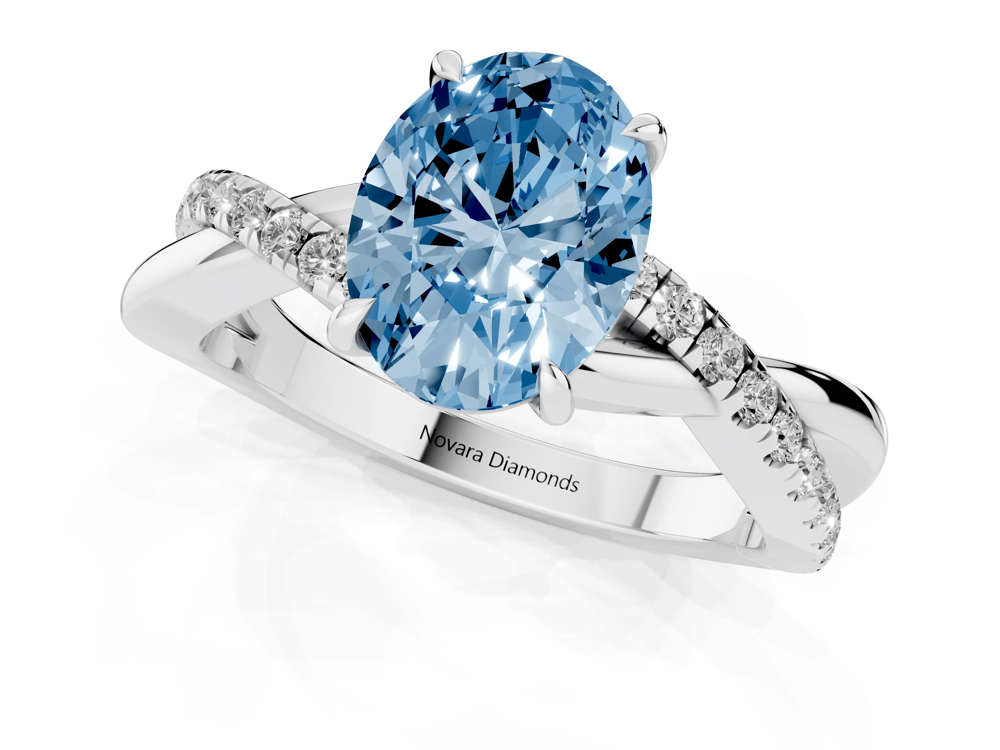 Fancy Blue Oval Cut Diamond Twisted Pavé Band Ring Set in Silver with Prong Setting