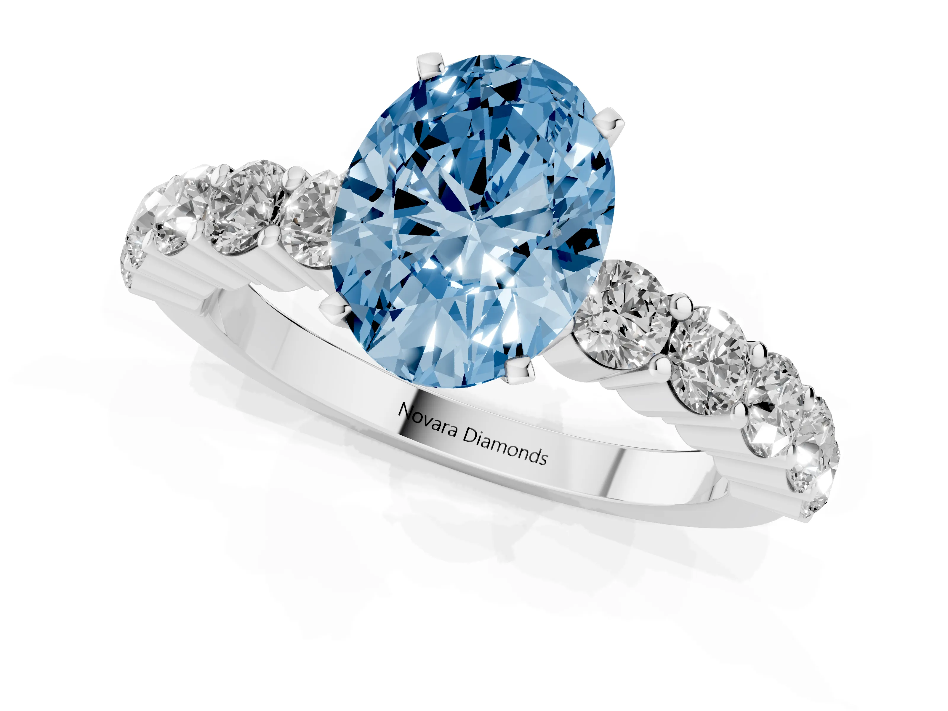 Fancy Blue Oval Cut Diamond Solitaire Ring Set in Platinum with Shared Prong Round Side Stones