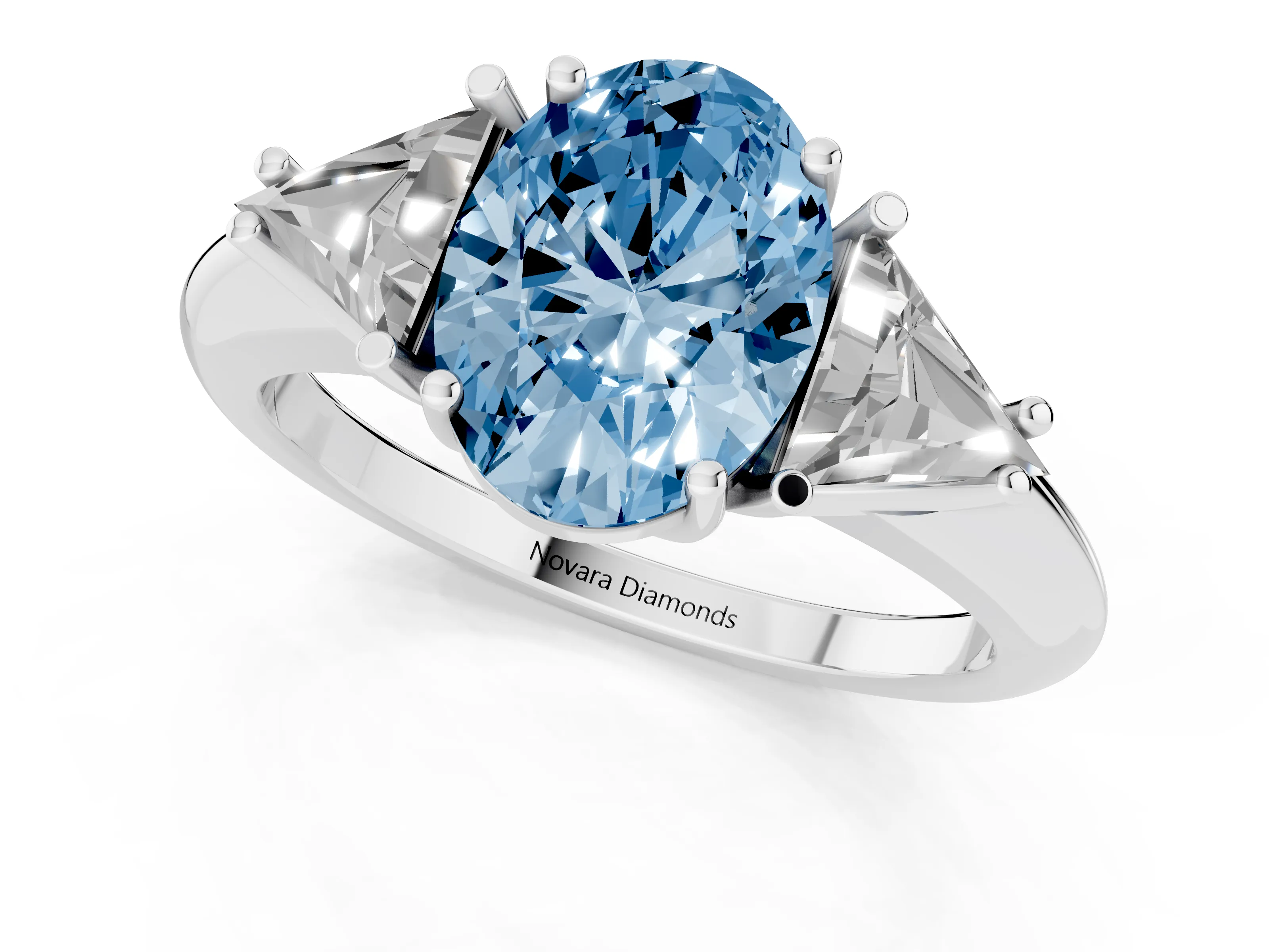 Fancy Blue Oval Cut Diamond Three-Stone Engagement Ring Set in Platinum with Trillion Side Stones