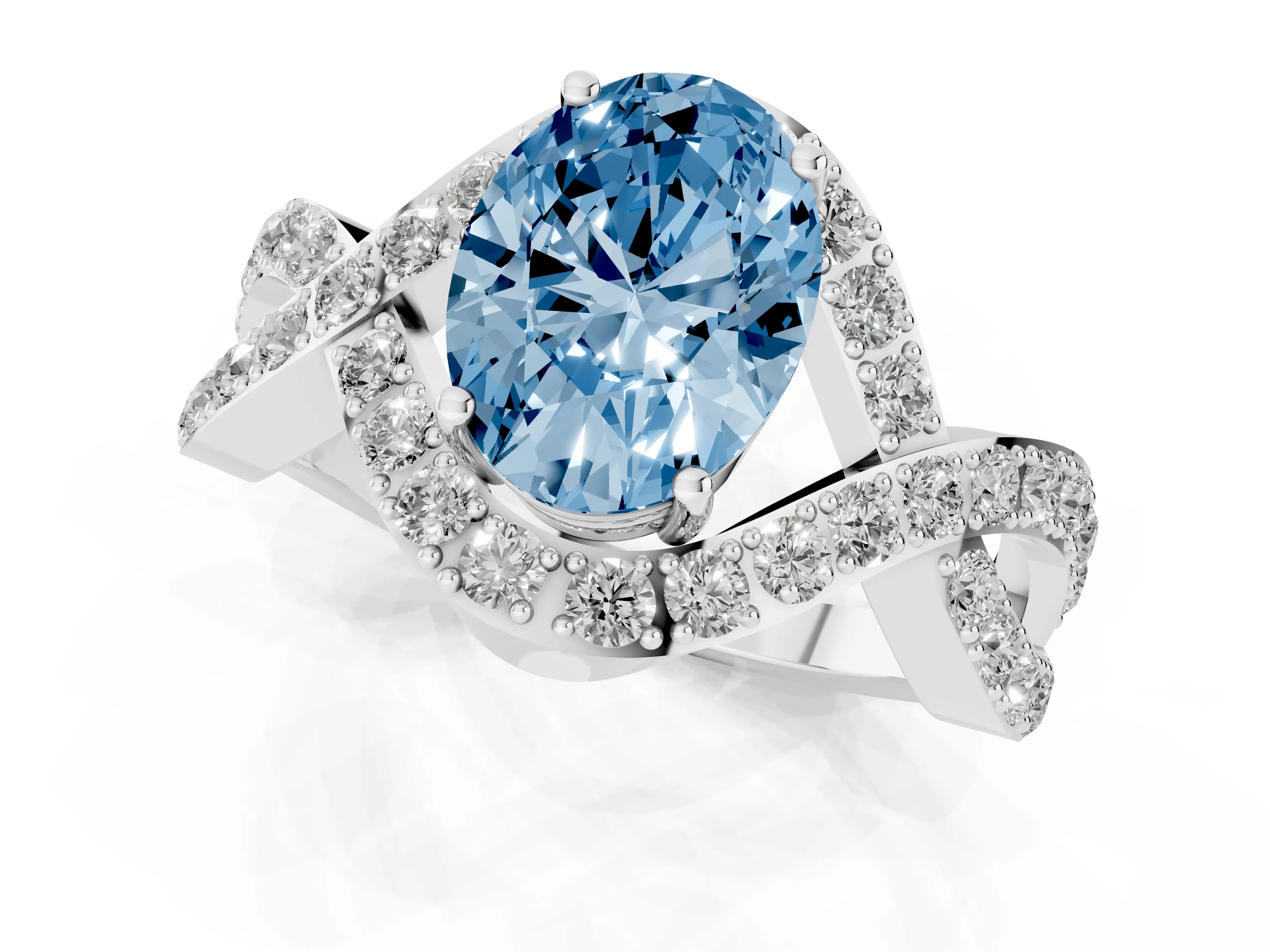 Fancy Blue Oval Cut Diamond Solitaire Twist Band Pavé Engagement Ring Set in Platinum