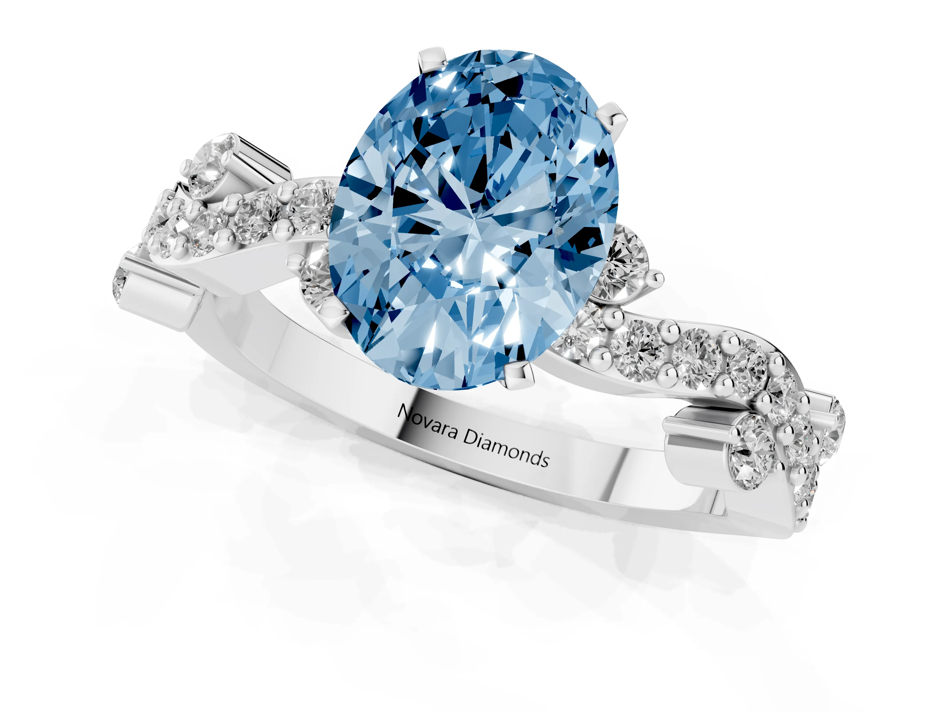 Fancy Blue Oval Cut Diamond Solitaire Twisted Band Set in Silver with Pavé Setting
