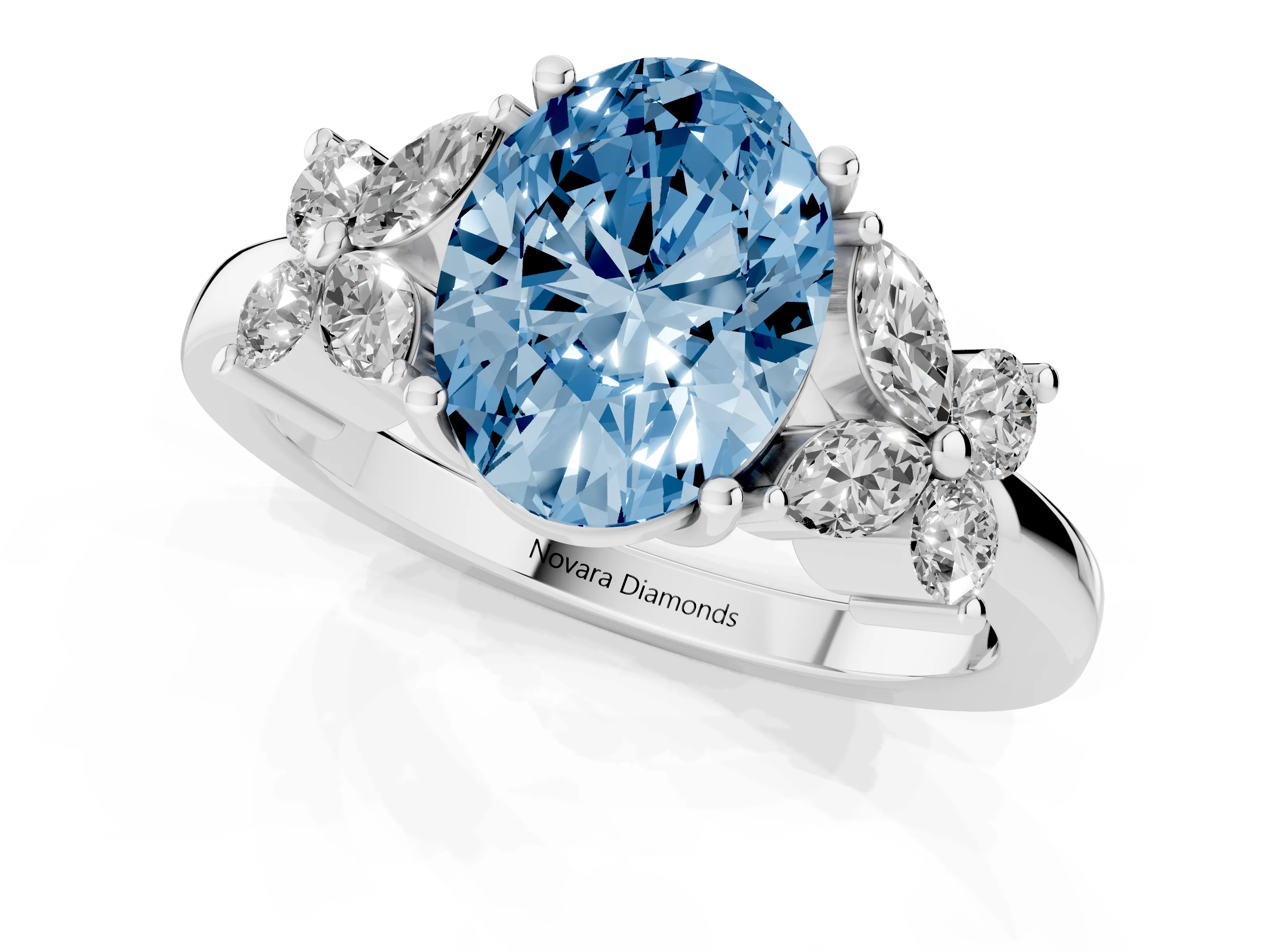 Fancy Blue Oval Cut Diamond Floral Cluster Ring Set in Platinum with Marquise Petals and Prong Setting
