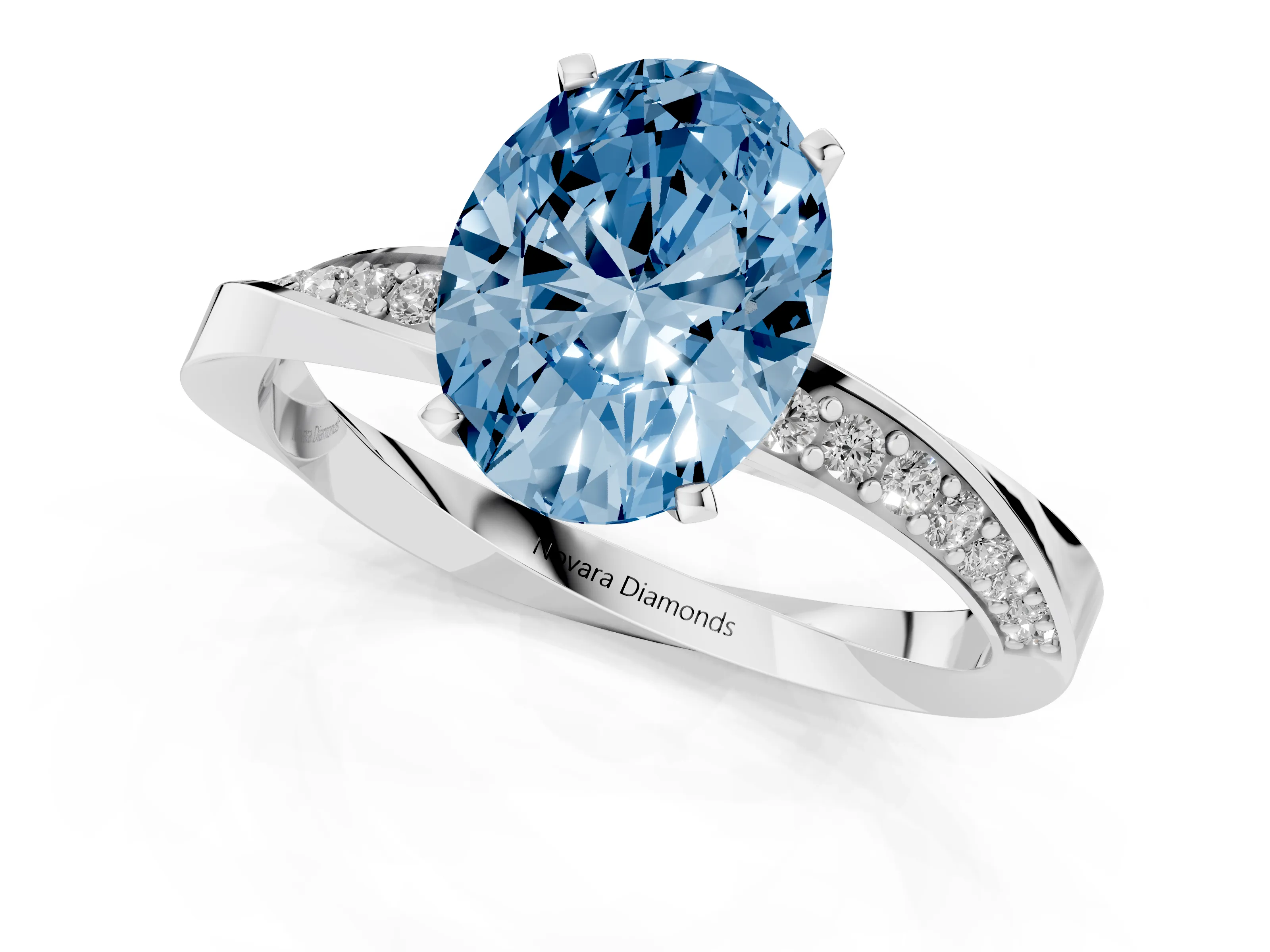 Fancy Blue Oval Cut Diamond Engagement Ring Set in Platinum with Side Stone Accents and Prong Setting