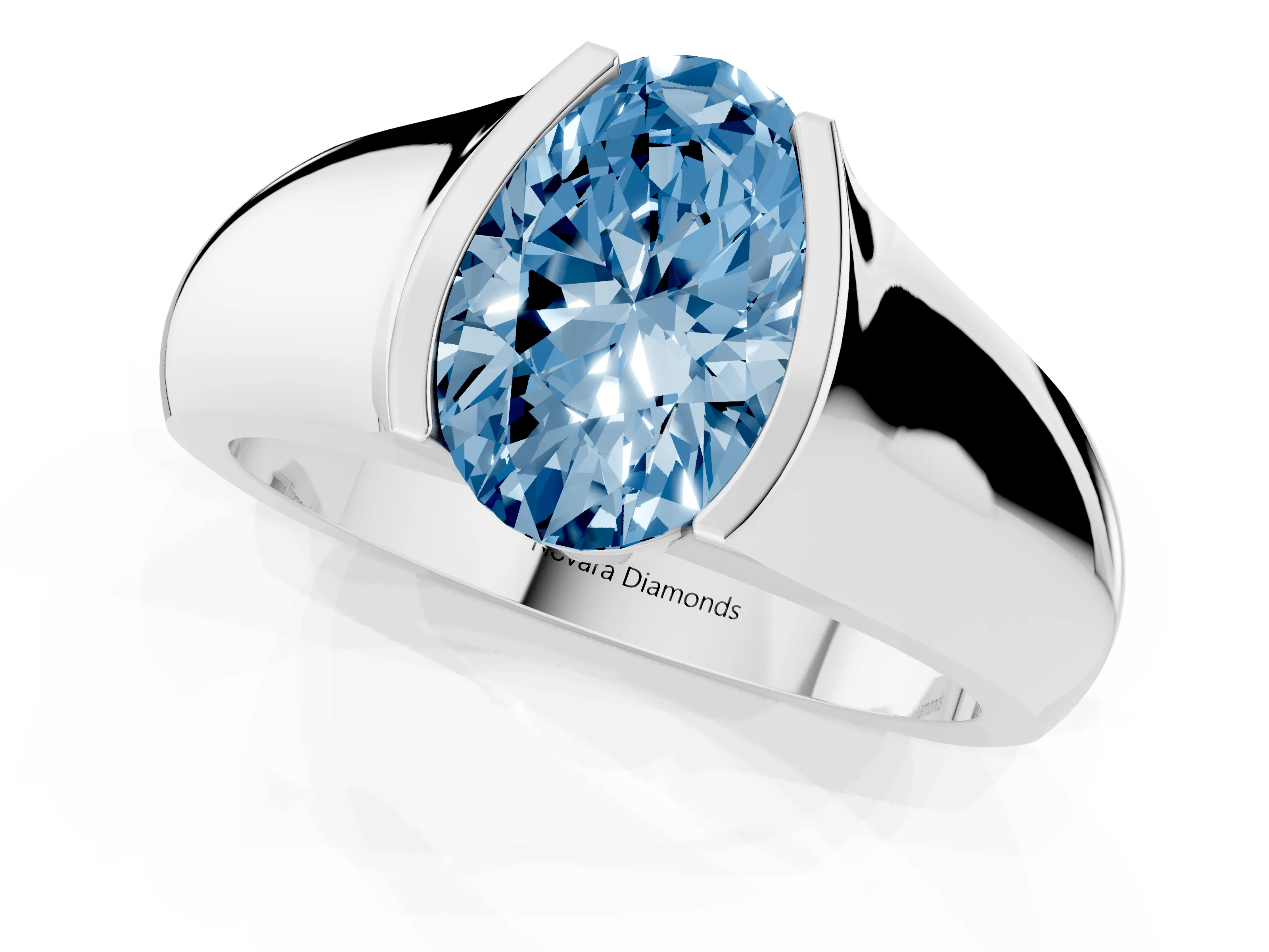 Fancy Blue Oval Cut Diamond Bezel Solitaire Ring Set in White gold with Wide Band