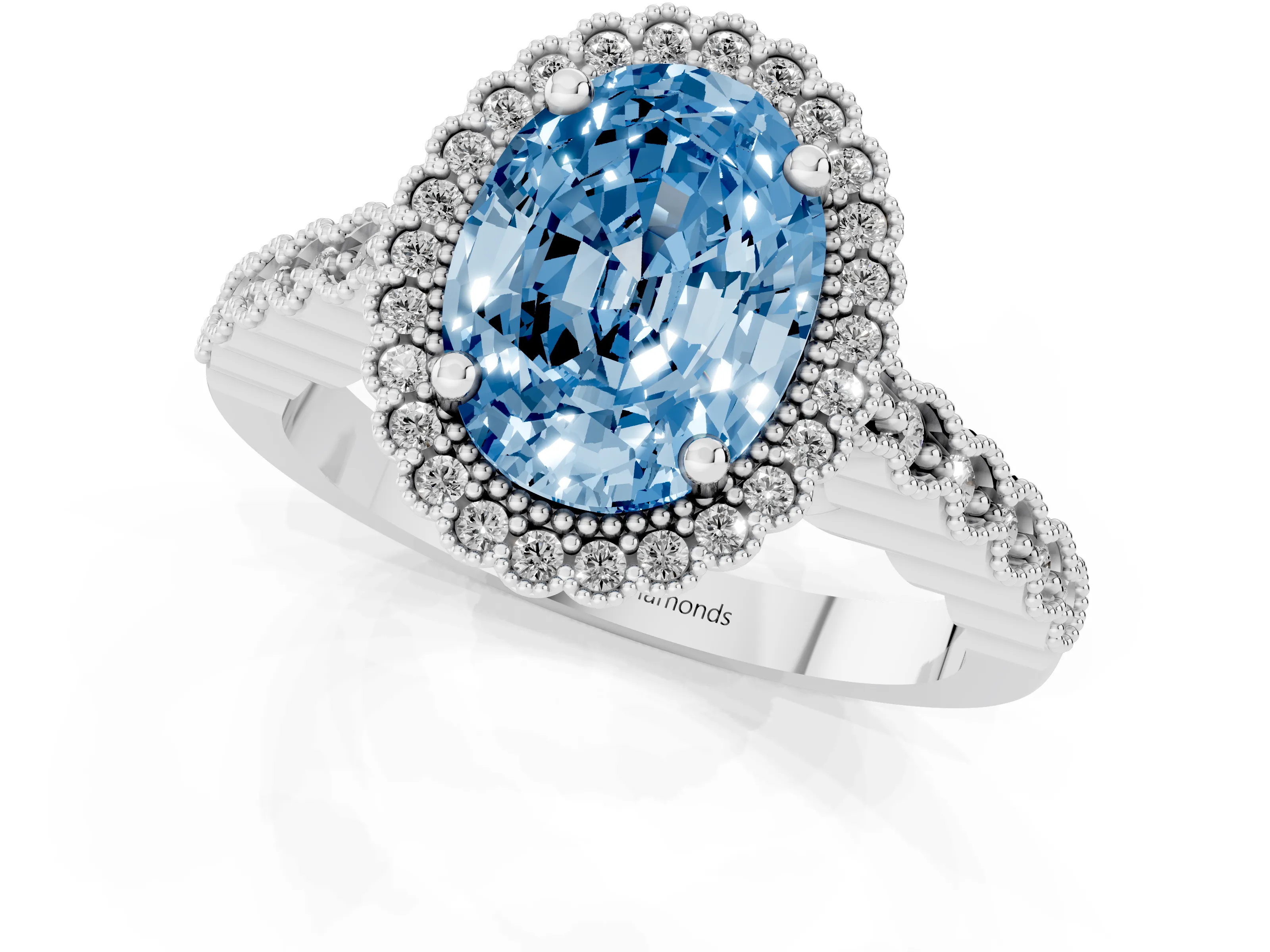 Fancy Blue Oval Cut Diamond Halo Ring Set in Platinum with Pavé Milgrain Band