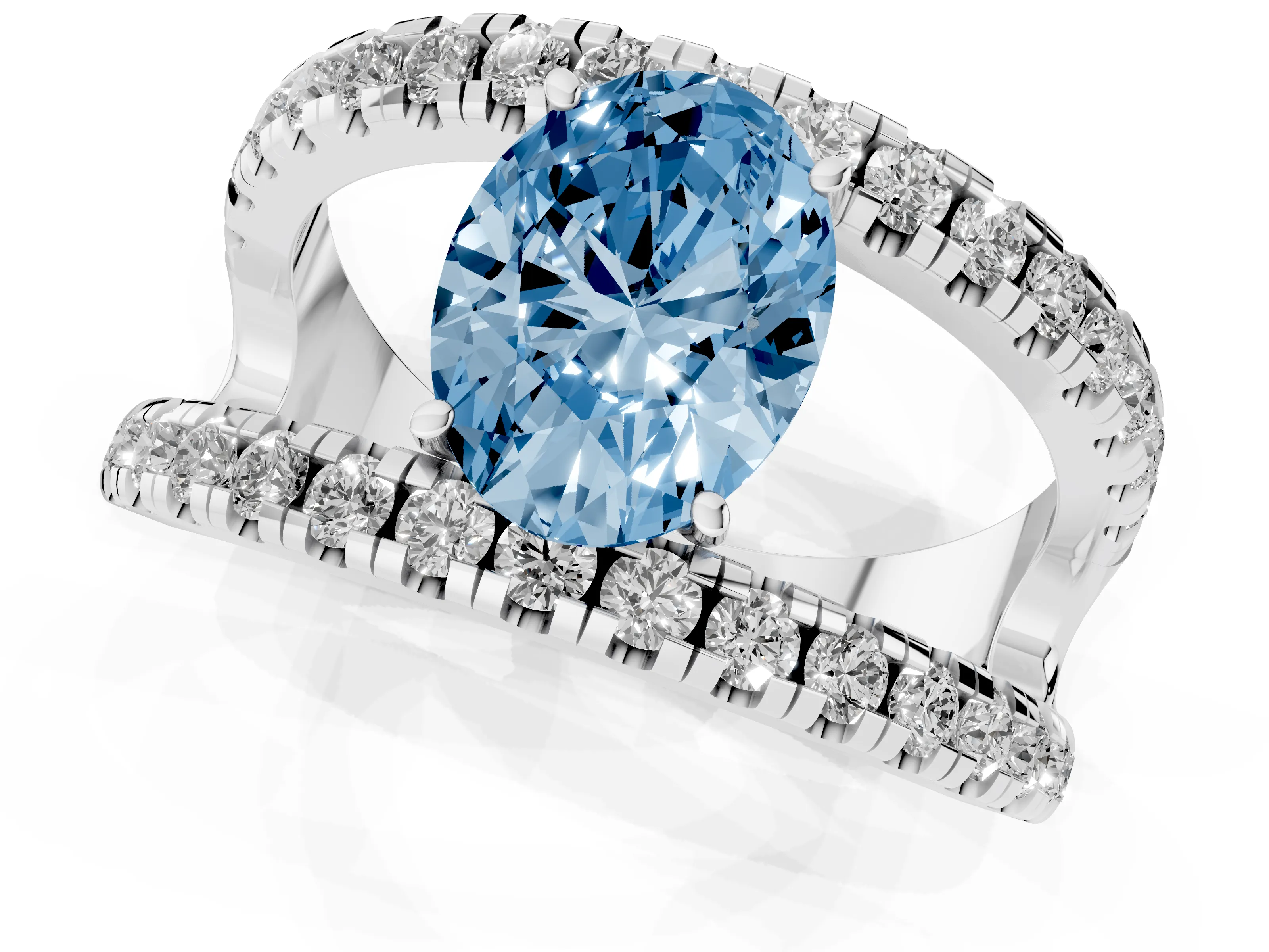Fancy Blue Oval Cut Diamond Split Shank Pavé Solitaire Ring Set in Silver with Open Shank Design