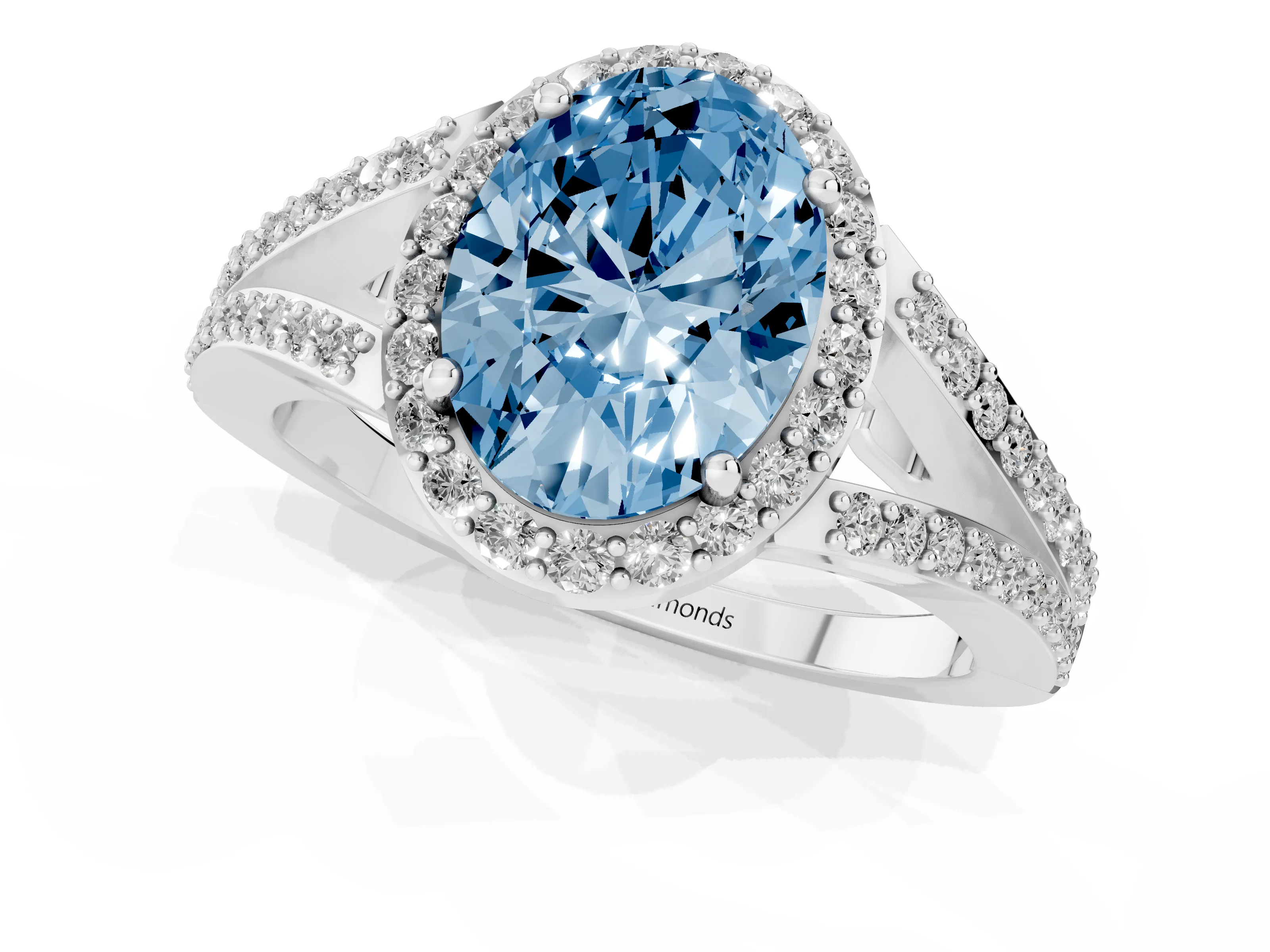 Fancy Blue Oval Cut Diamond Halo Split Shank Ring Set in White gold with Accent Stones and Prong Setting
