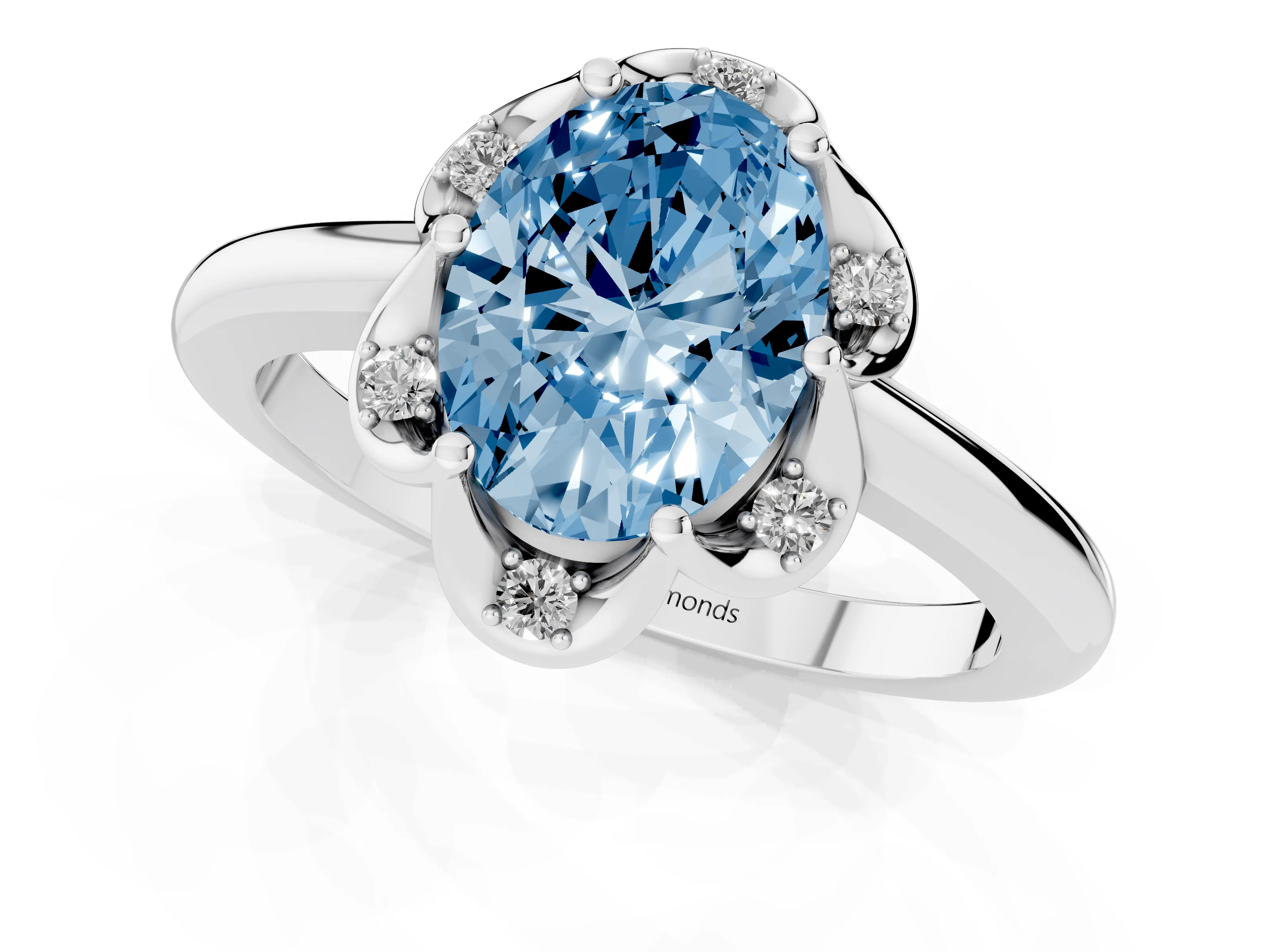 Fancy Blue Oval Cut Diamond Round Cluster Halo Ring Set in Silver with Solitaire Band and Prong Setting