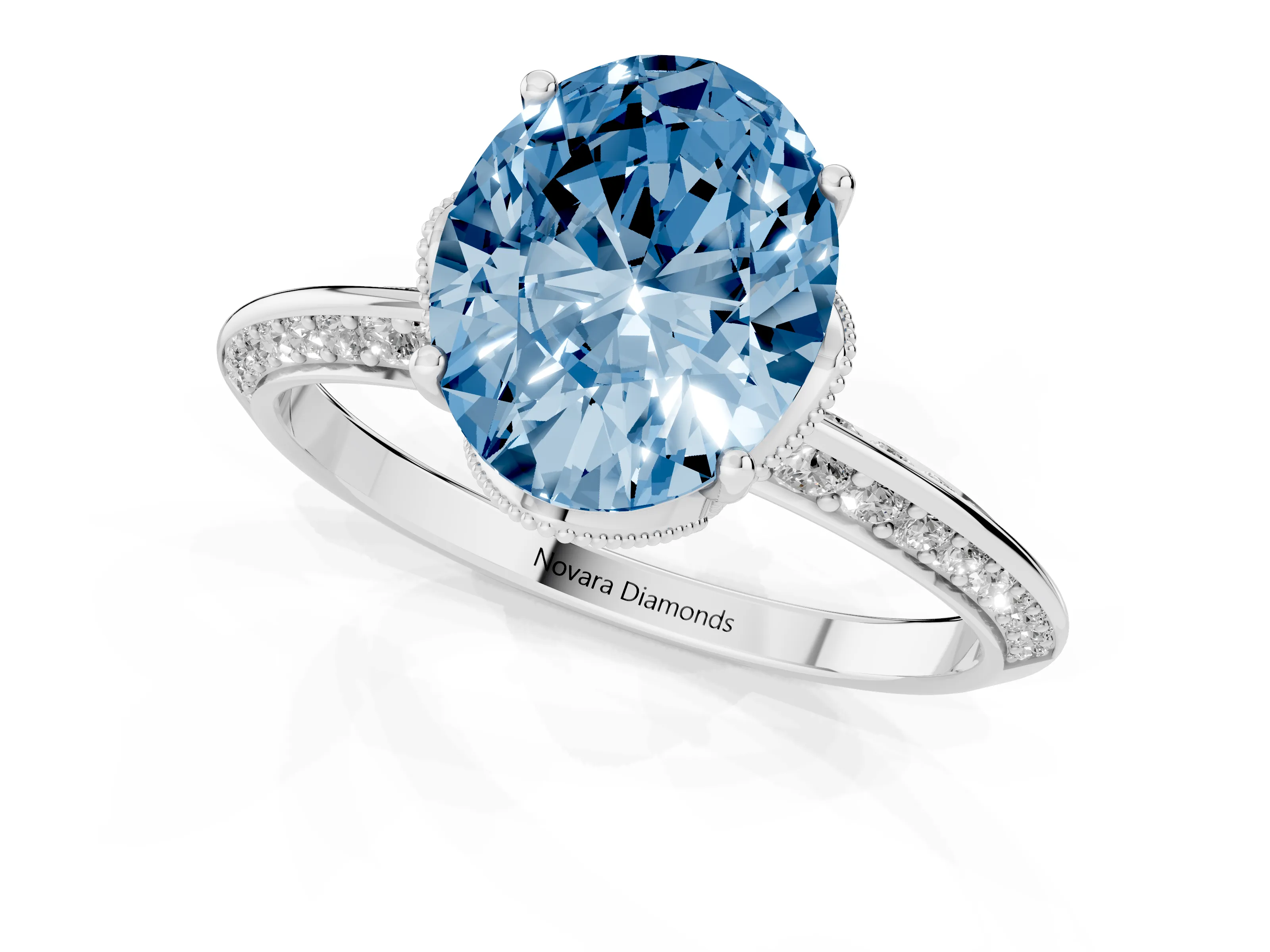 Fancy Blue Oval Cut Diamond Solitaire Engagement Ring Set in Silver with Pavé Split Shank and Prong Setting