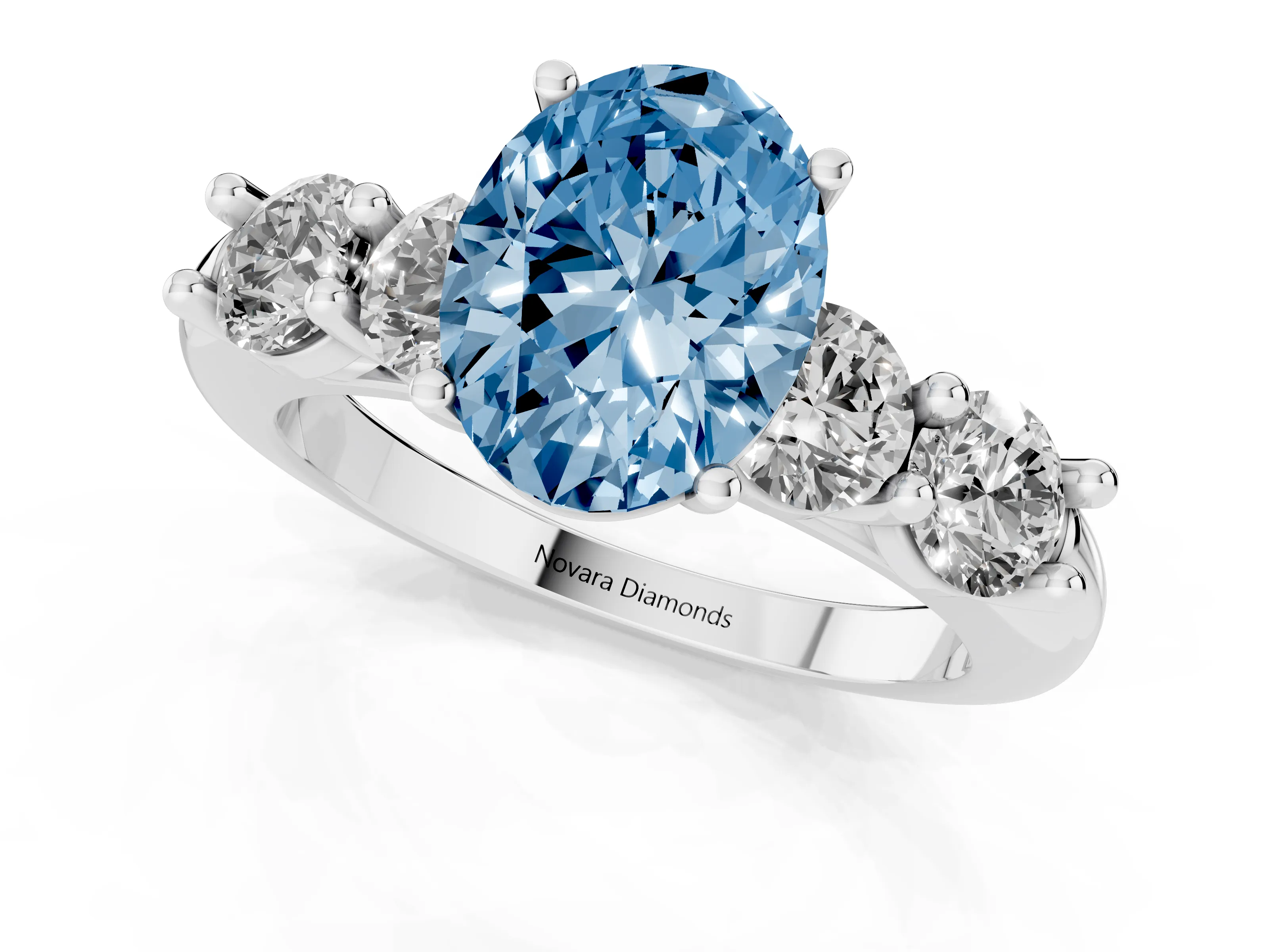 Fancy Blue Oval Cut Diamond Five-Stone Prong Set Ring Set in White gold with Classic Band