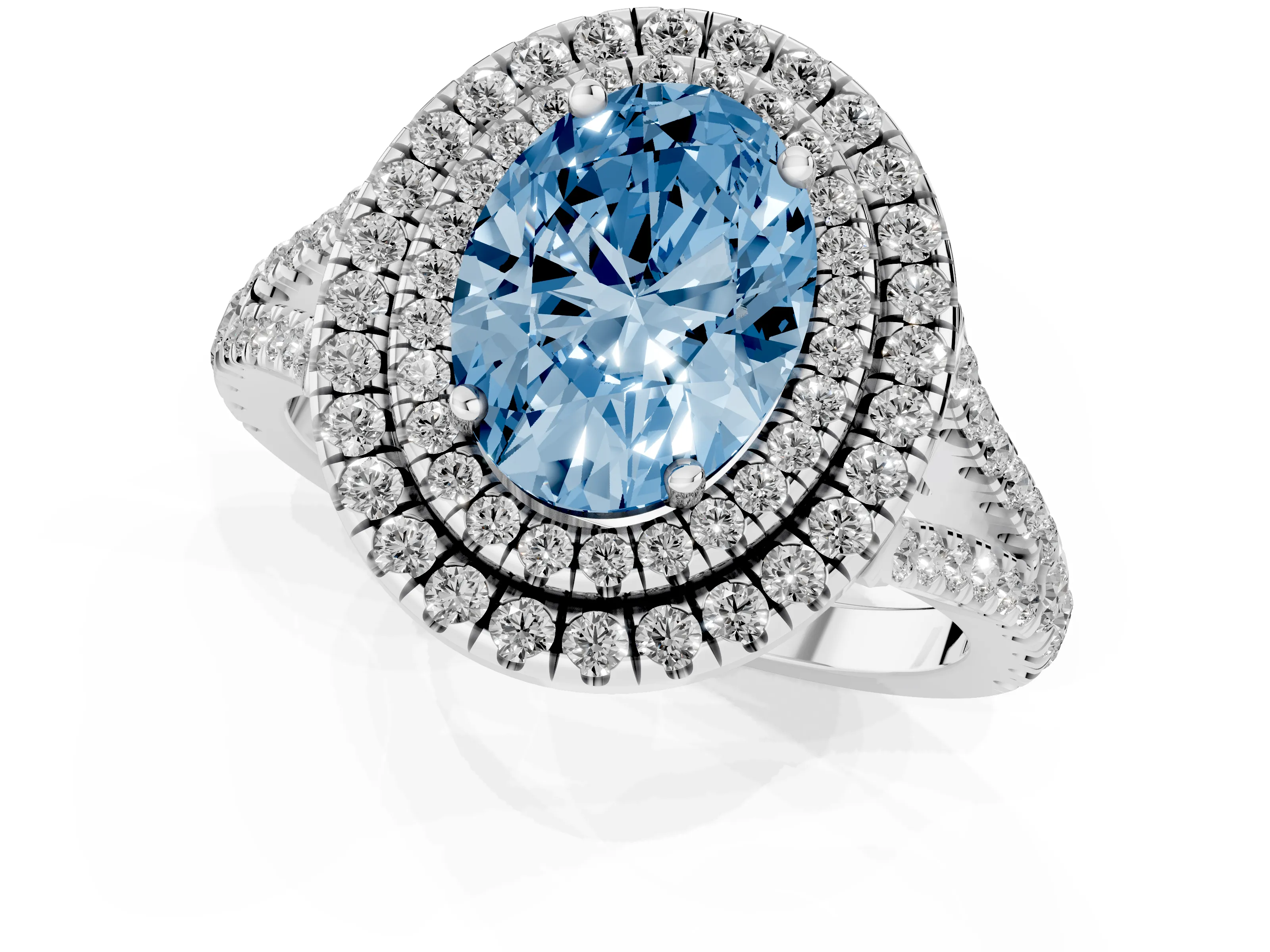Fancy Blue Oval Cut Diamond Double Halo Ring Set in Platinum with Pavé Band