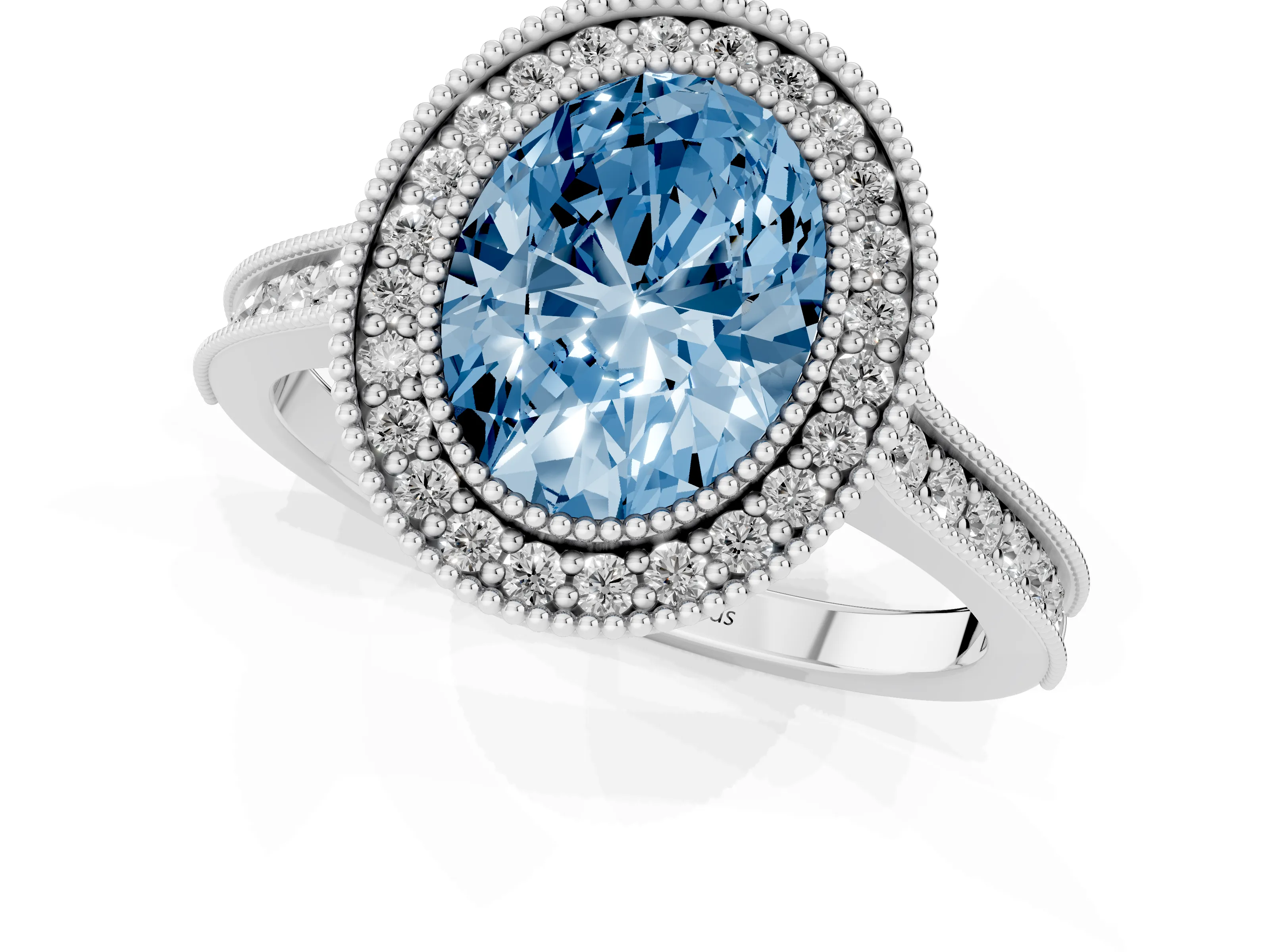 Fancy Blue Oval Cut Diamond Halo Milgrain Pavé Band Ring Set in Silver with Prong Setting