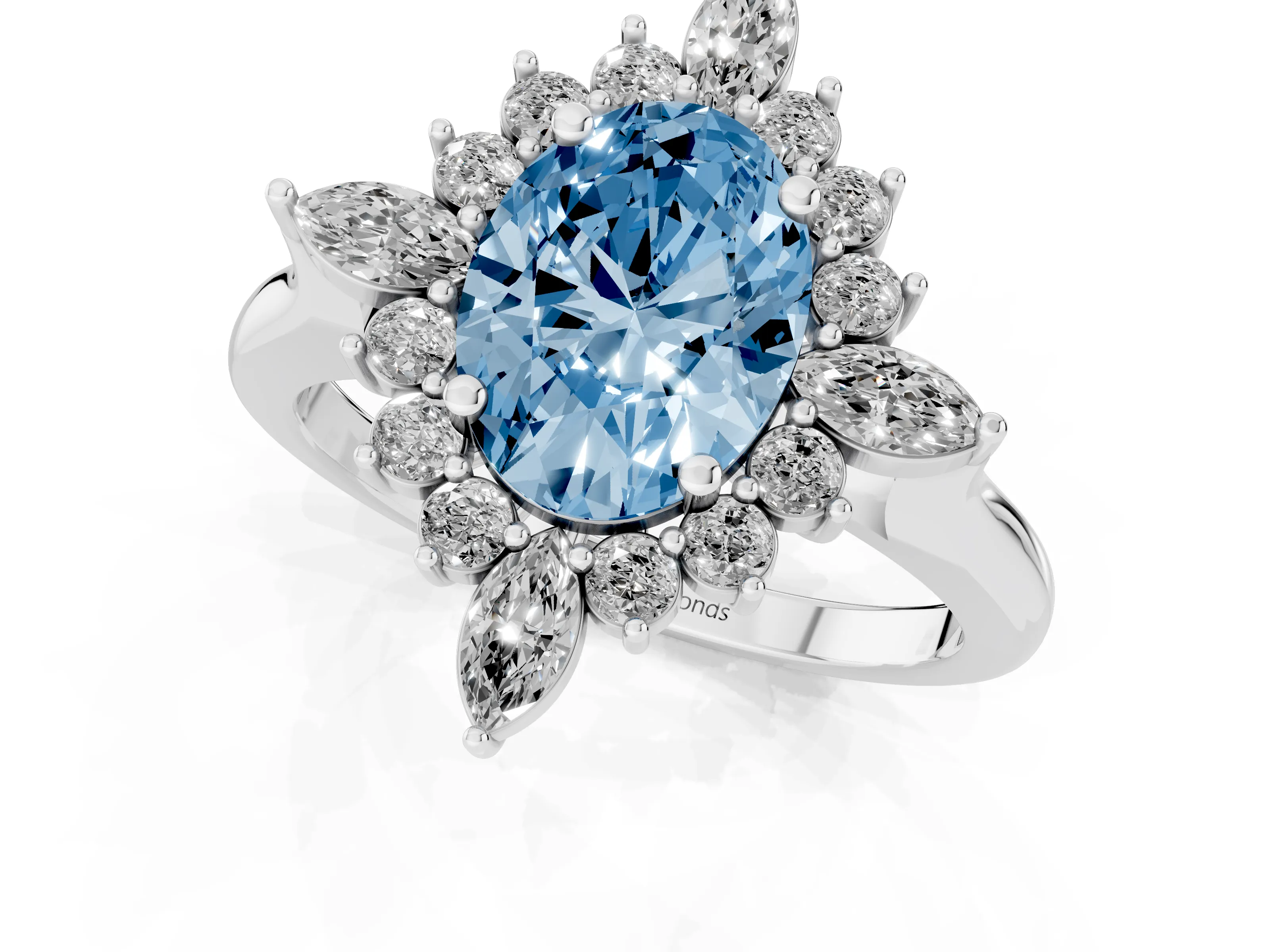 Fancy Blue Oval Cut Diamond Cluster Halo Ring Set in Platinum with Marquise and Round Accents