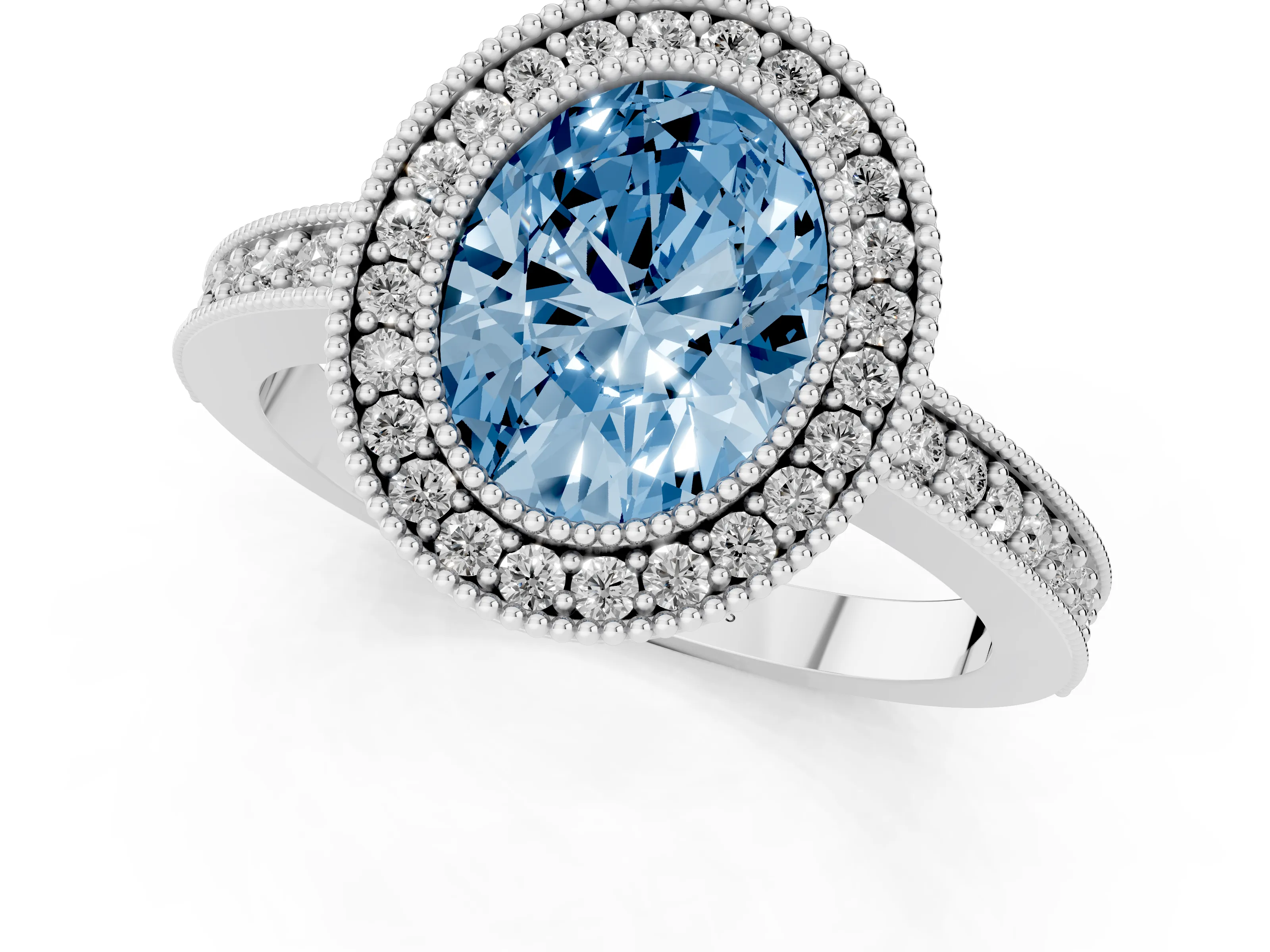 Fancy Blue Oval Cut Diamond Halo Engagement Ring Set in Silver with Pavé Band and Round Halo Stones