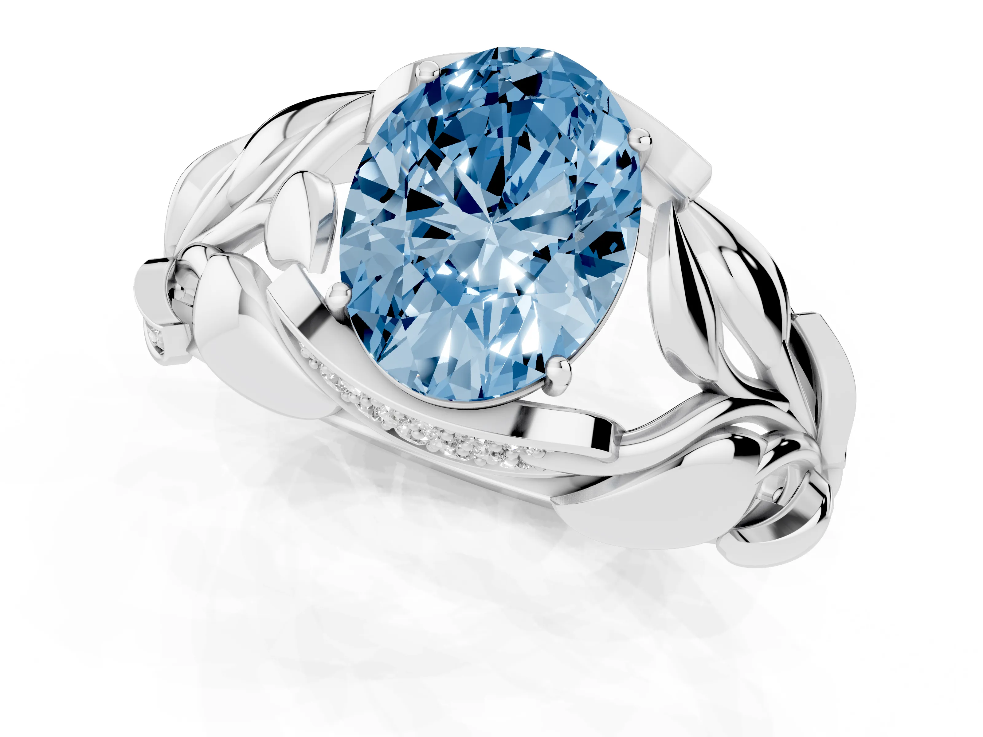 Fancy Blue Oval Cut Diamond Leaf-Inspired Engagement Ring Set in White gold with Round Accents