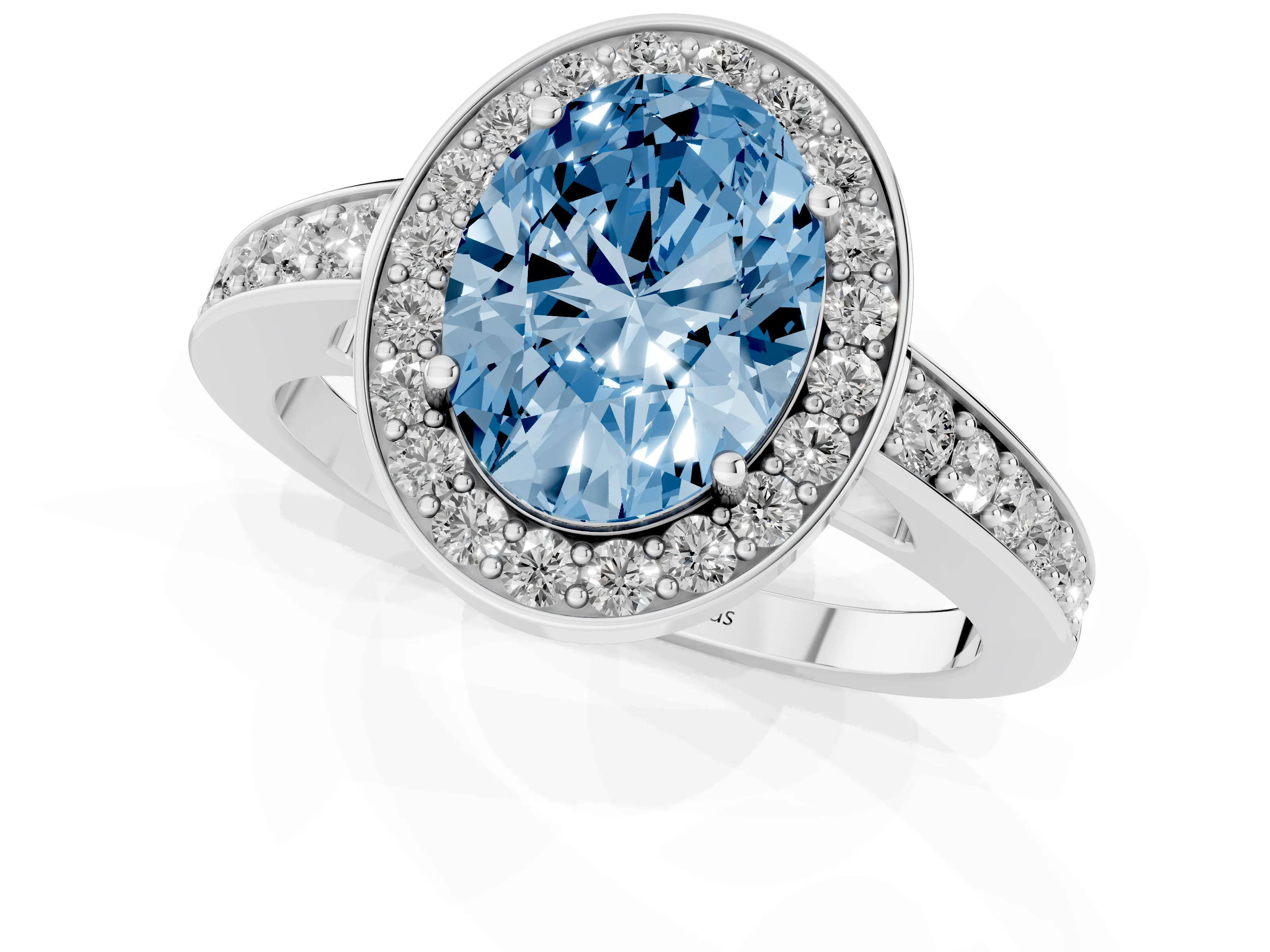 Fancy Blue Oval Cut Diamond Halo Pavé Engagement Ring Set in White gold with Bezel Setting