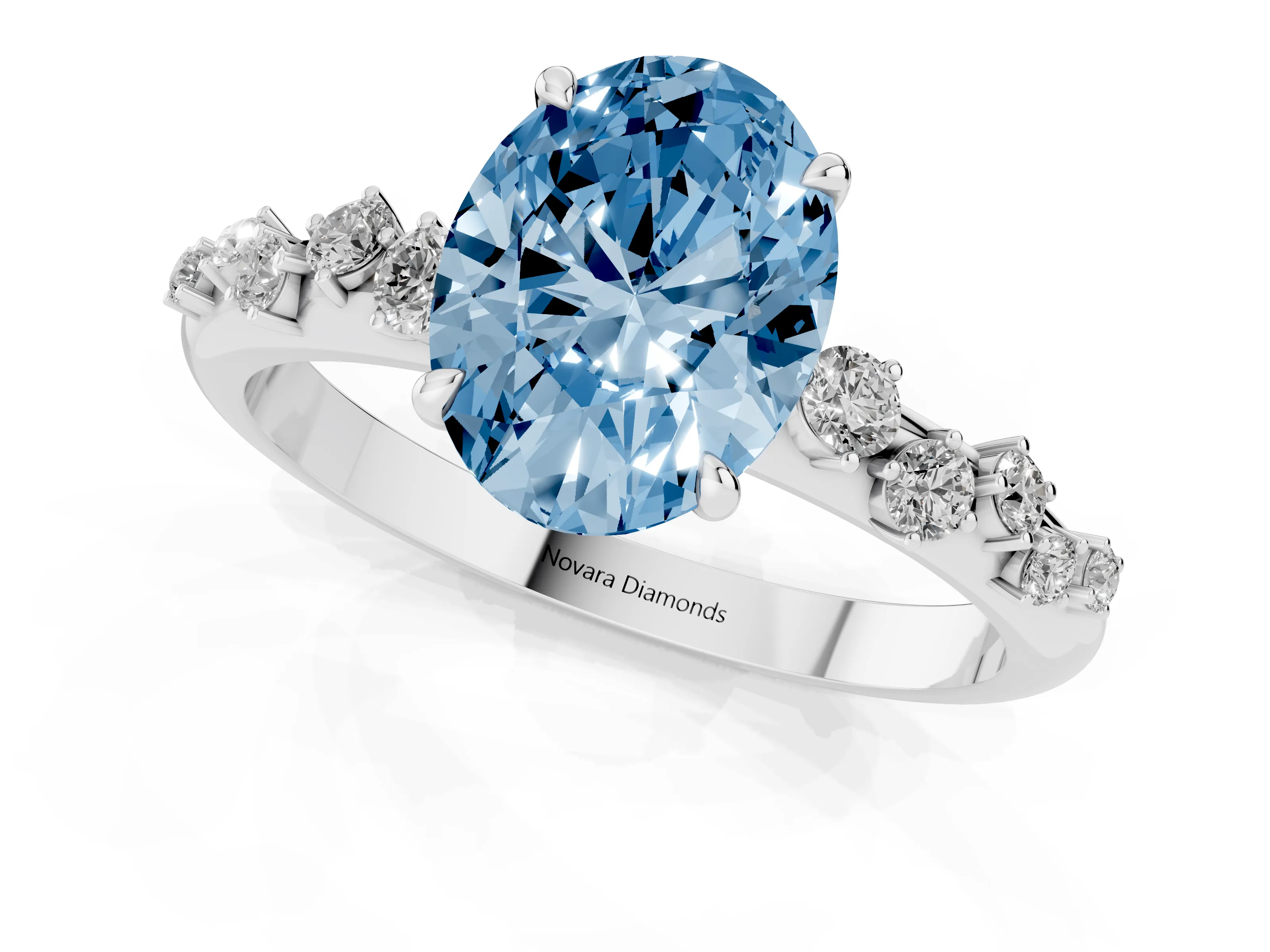 Fancy Blue Oval Cut Diamond Cluster Solitaire Ring Set in Silver with Prong Setting
