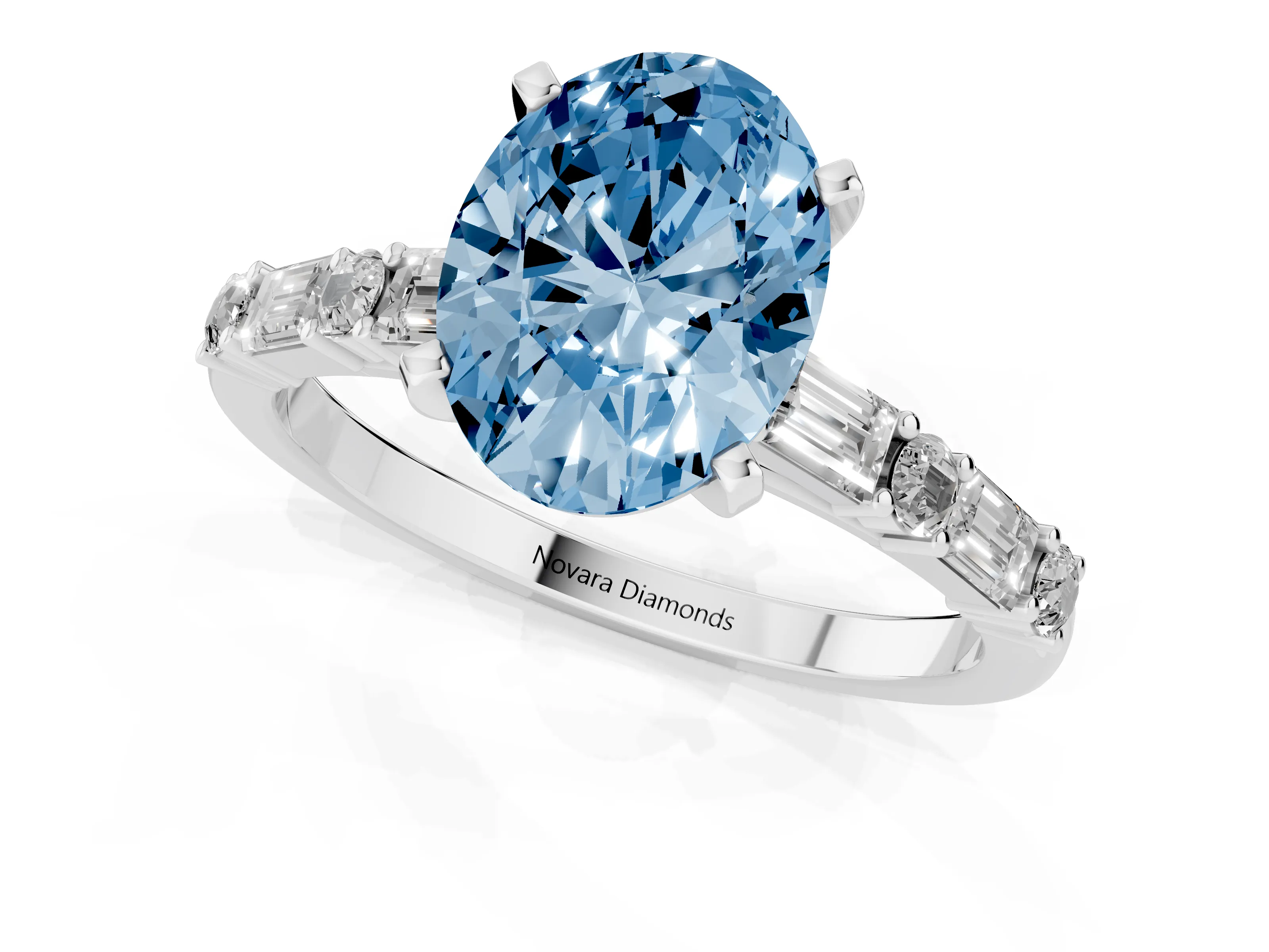 Fancy Blue Oval Cut Diamond Solitaire Set in Silver with Side Baguettes and Channel Set Band