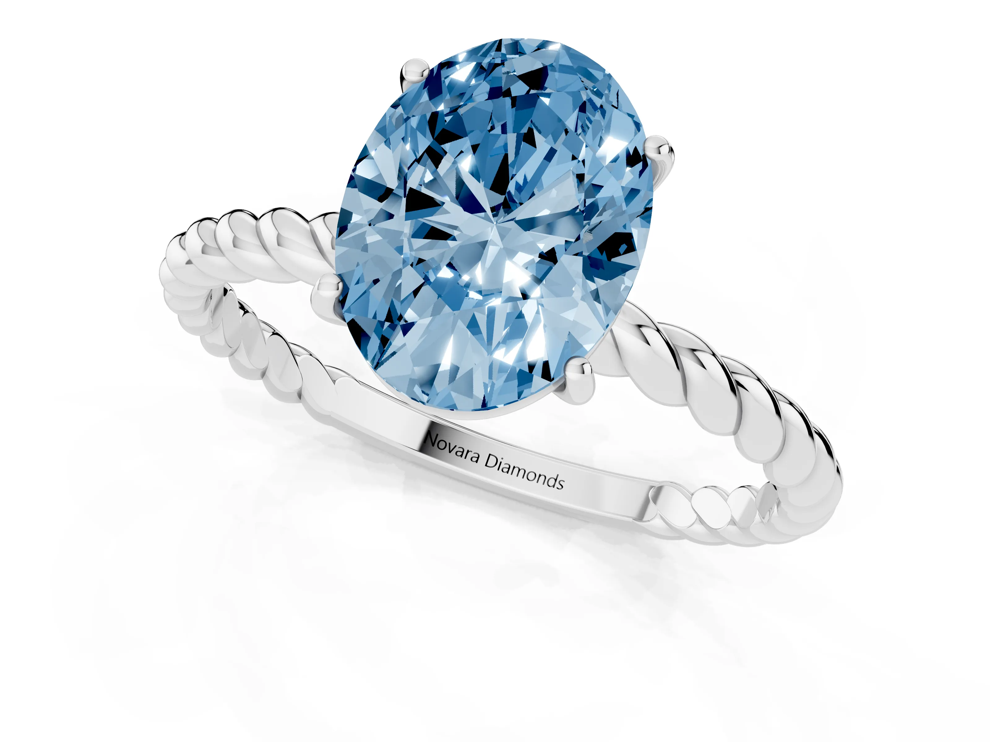 Fancy Blue Oval Cut Diamond Solitaire Twisted Band Ring Set in Platinum with Prong Solitaire Setting