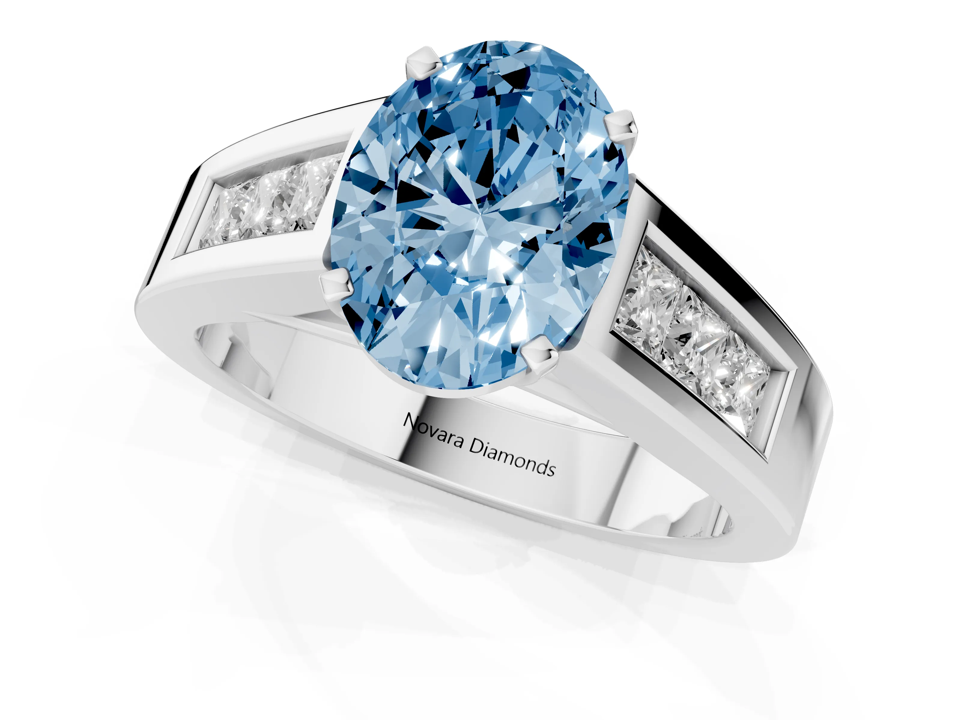 Fancy Blue Oval Cut Diamond Solitaire Ring Set in Platinum with Channel-Set Accent Stones and Prong Setting