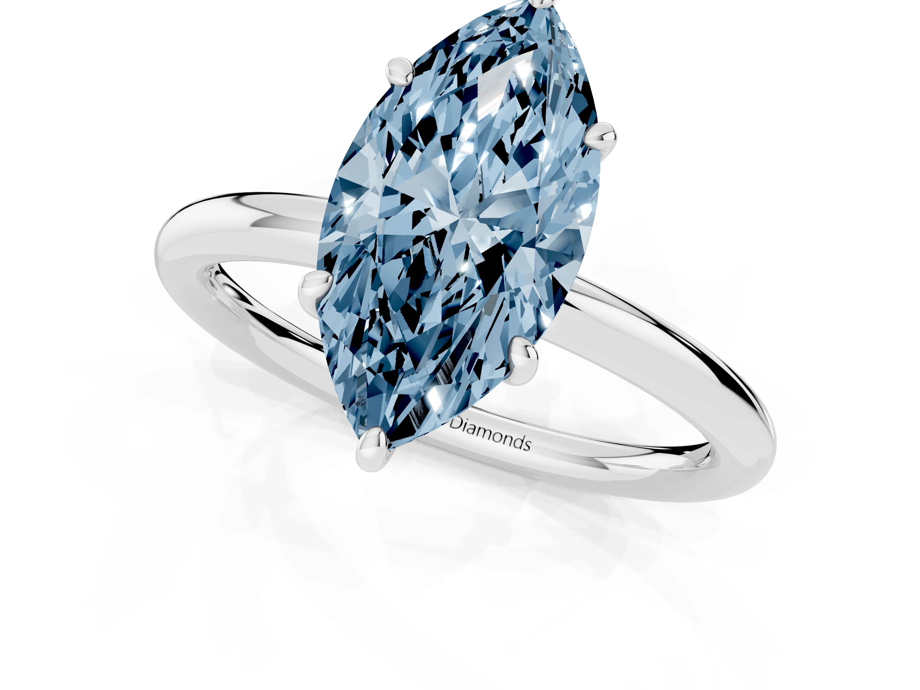 Fancy Blue Oval Cut Diamond Solitaire Ring Set in White gold with Prong Setting on a Polished Plain Band