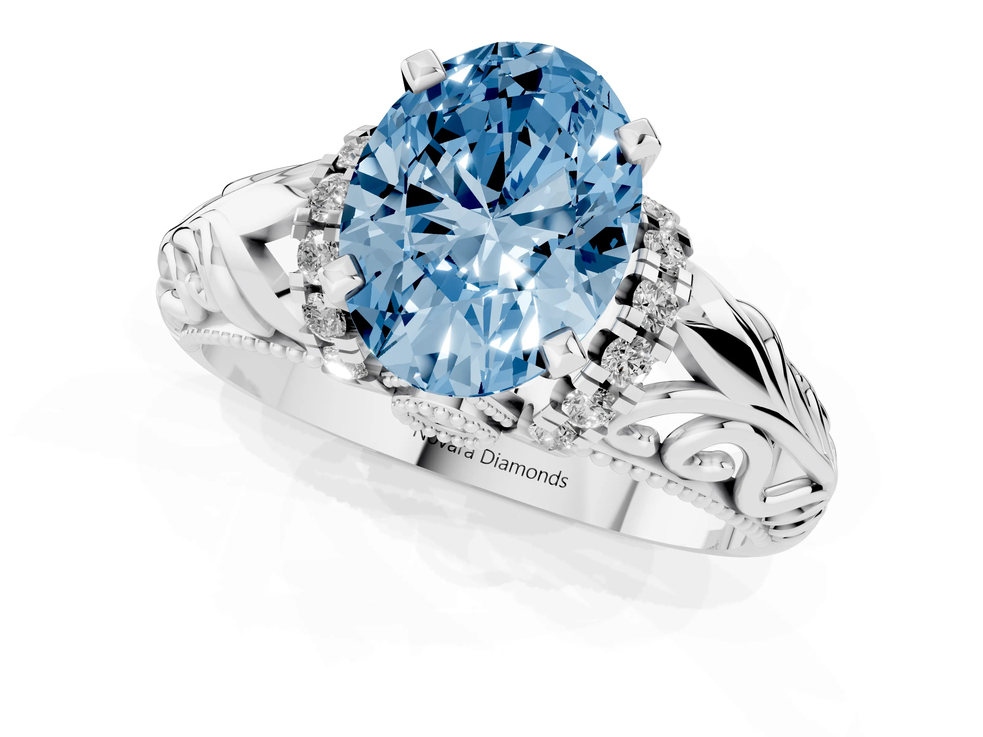 Fancy Blue Oval Cut Diamond Filigree Halo Engagement Ring Set in White gold with Prong Setting
