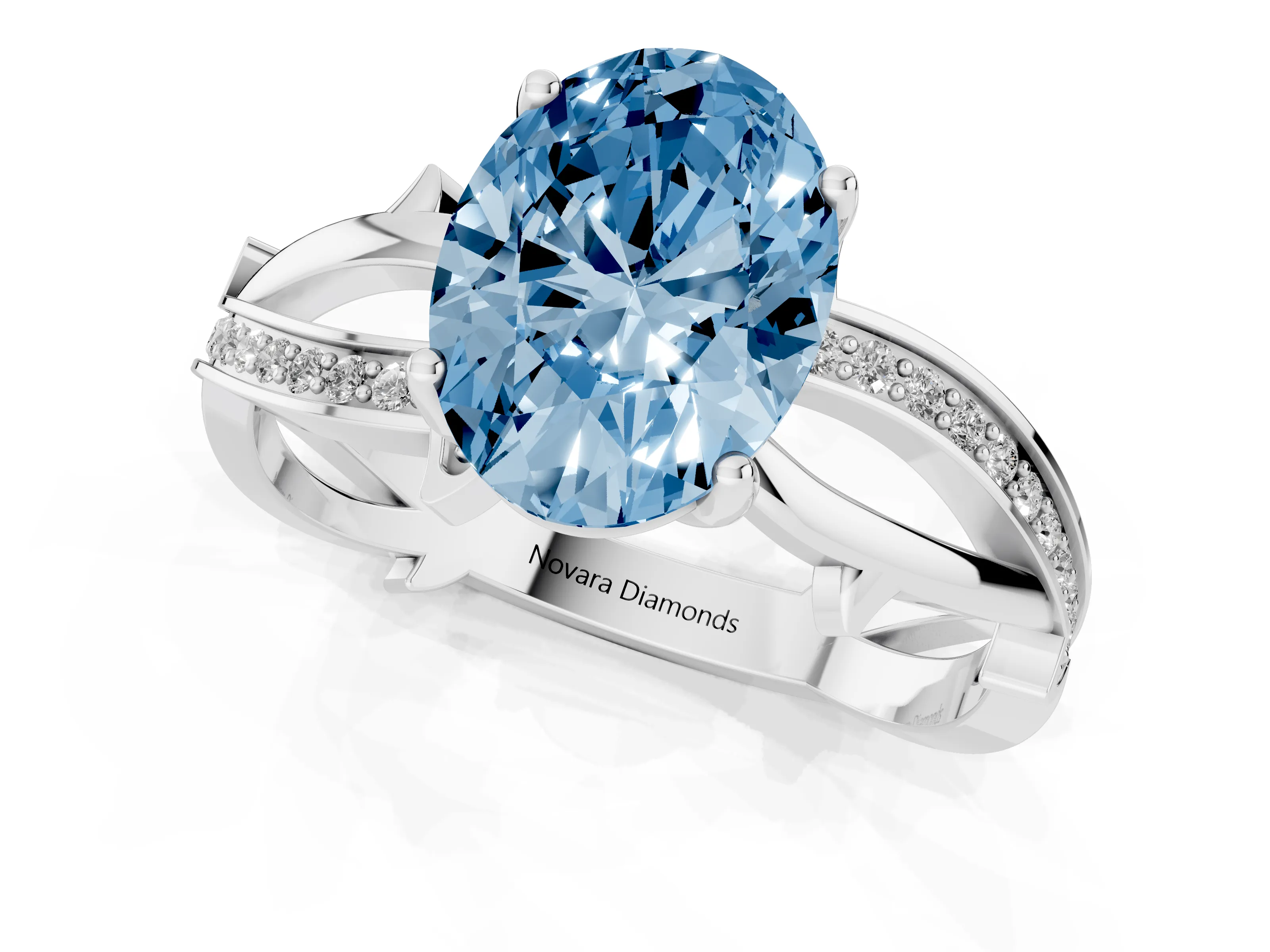 Fancy Blue Oval Cut Diamond Pavé Twist Band Solitaire Ring Set in White gold with Prong Setting