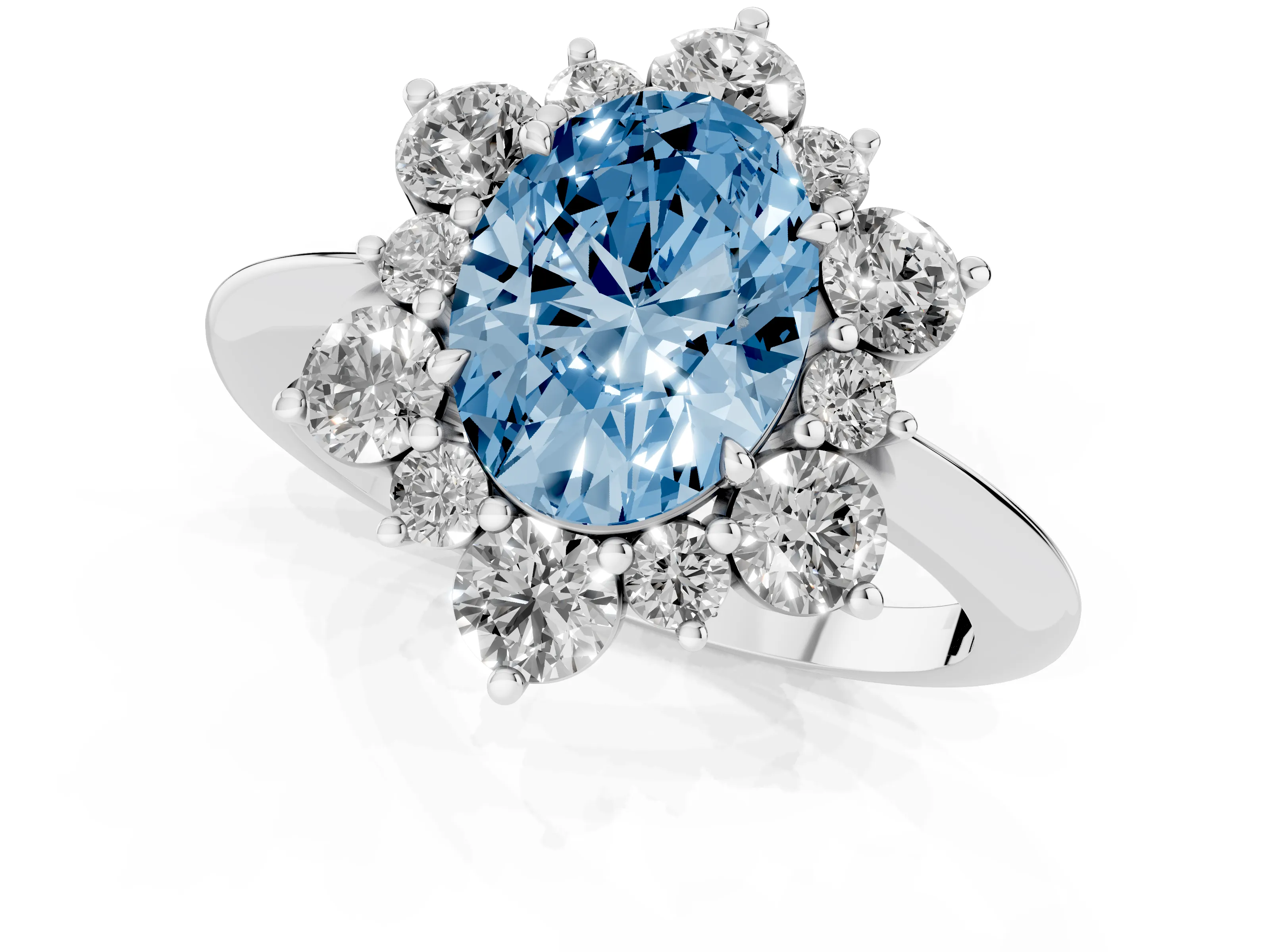 Fancy Blue Oval Cut Diamond Cluster Halo Ring Set in Platinum with Solitaire Band and Prong Setting