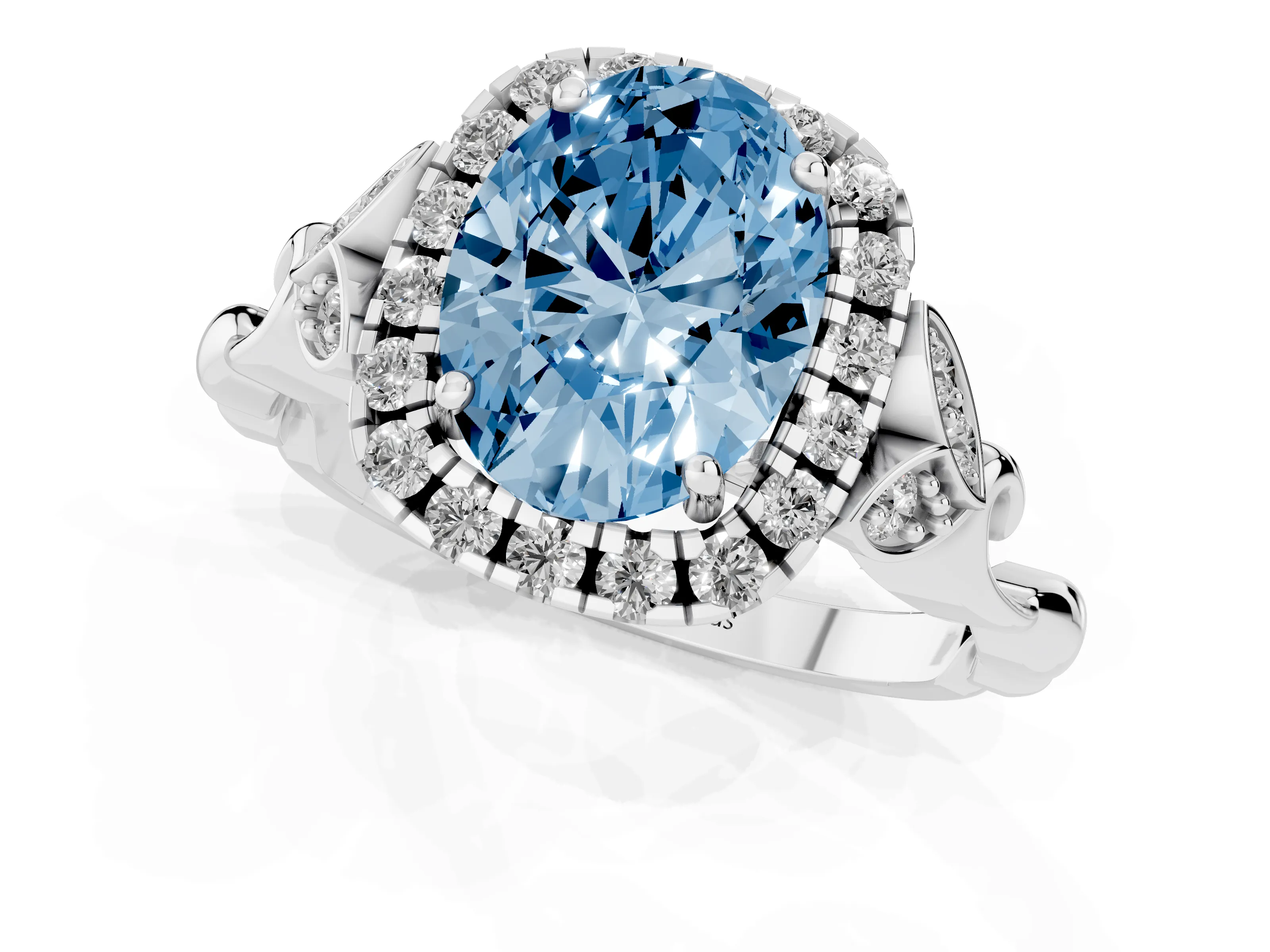 Fancy Blue Oval Cut Diamond Halo Engagement Ring Set in White gold with Vintage-Inspired Band and Prong Setting