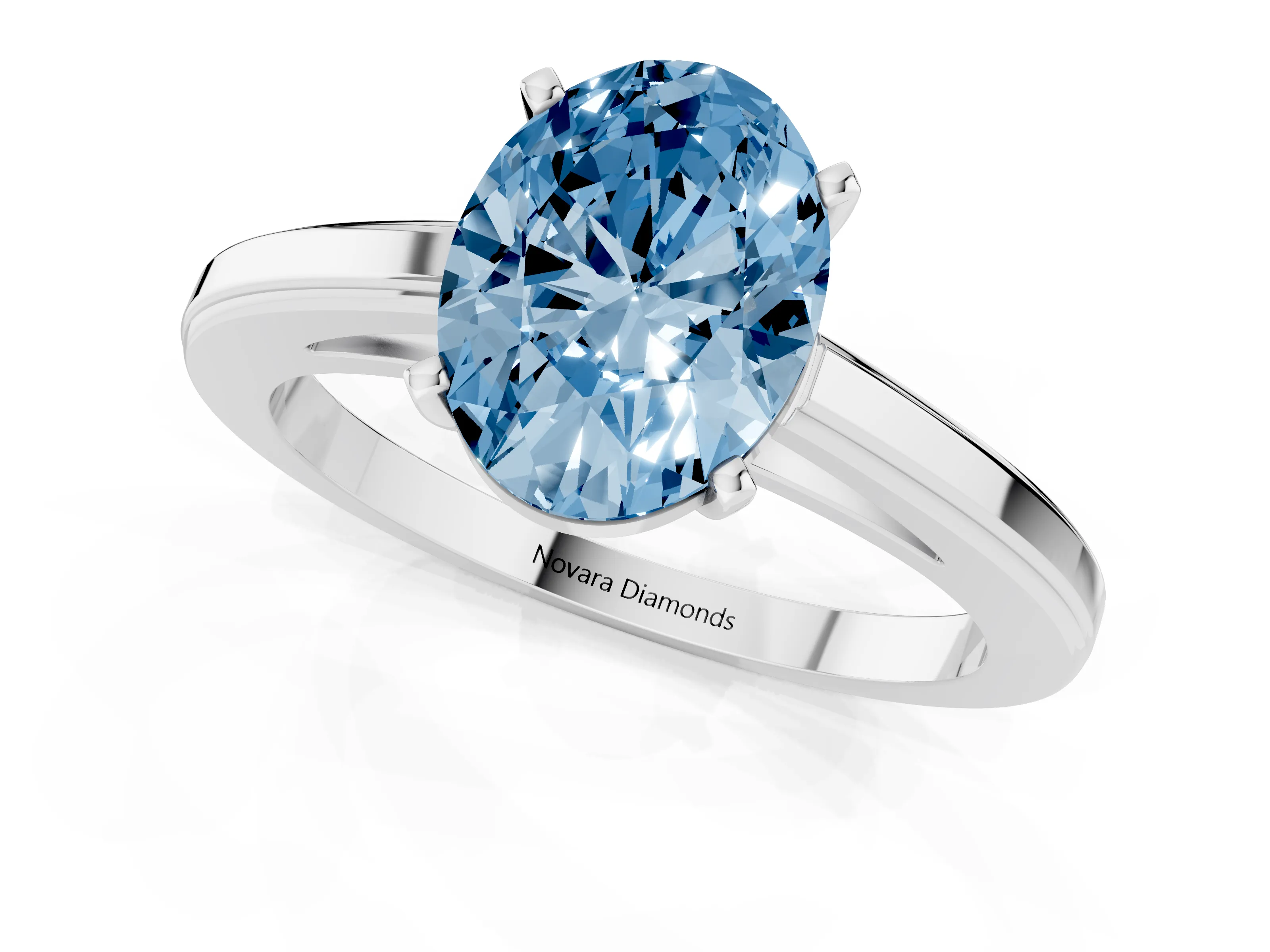 Fancy Blue Oval Cut Diamond Solitaire Ring Set in White gold with Prong Setting and Classic Band