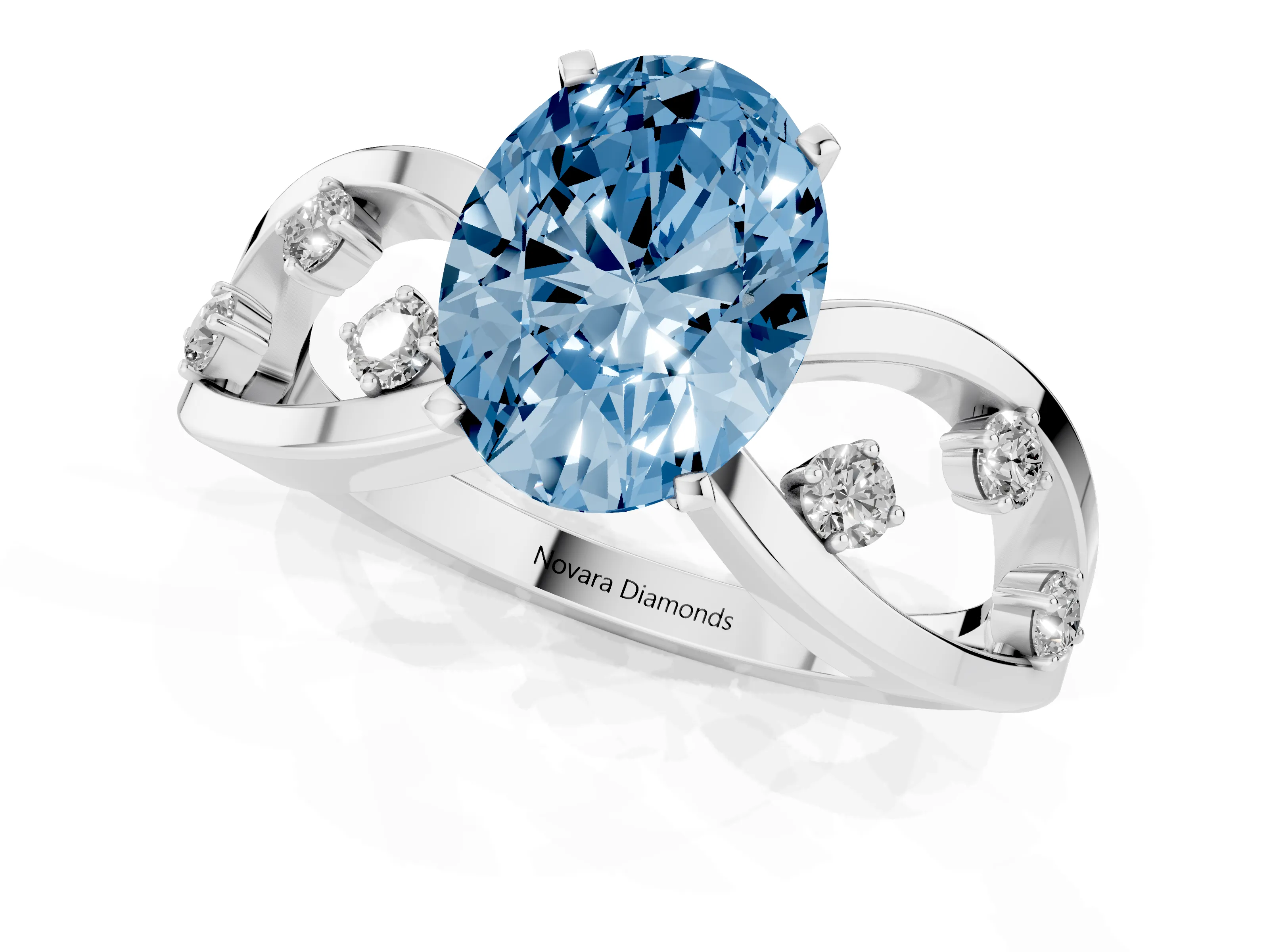 Fancy Blue Oval Cut Diamond Solitaire Ring Set in White gold with Side Stones on Criss-Cross Band and Prong Setting