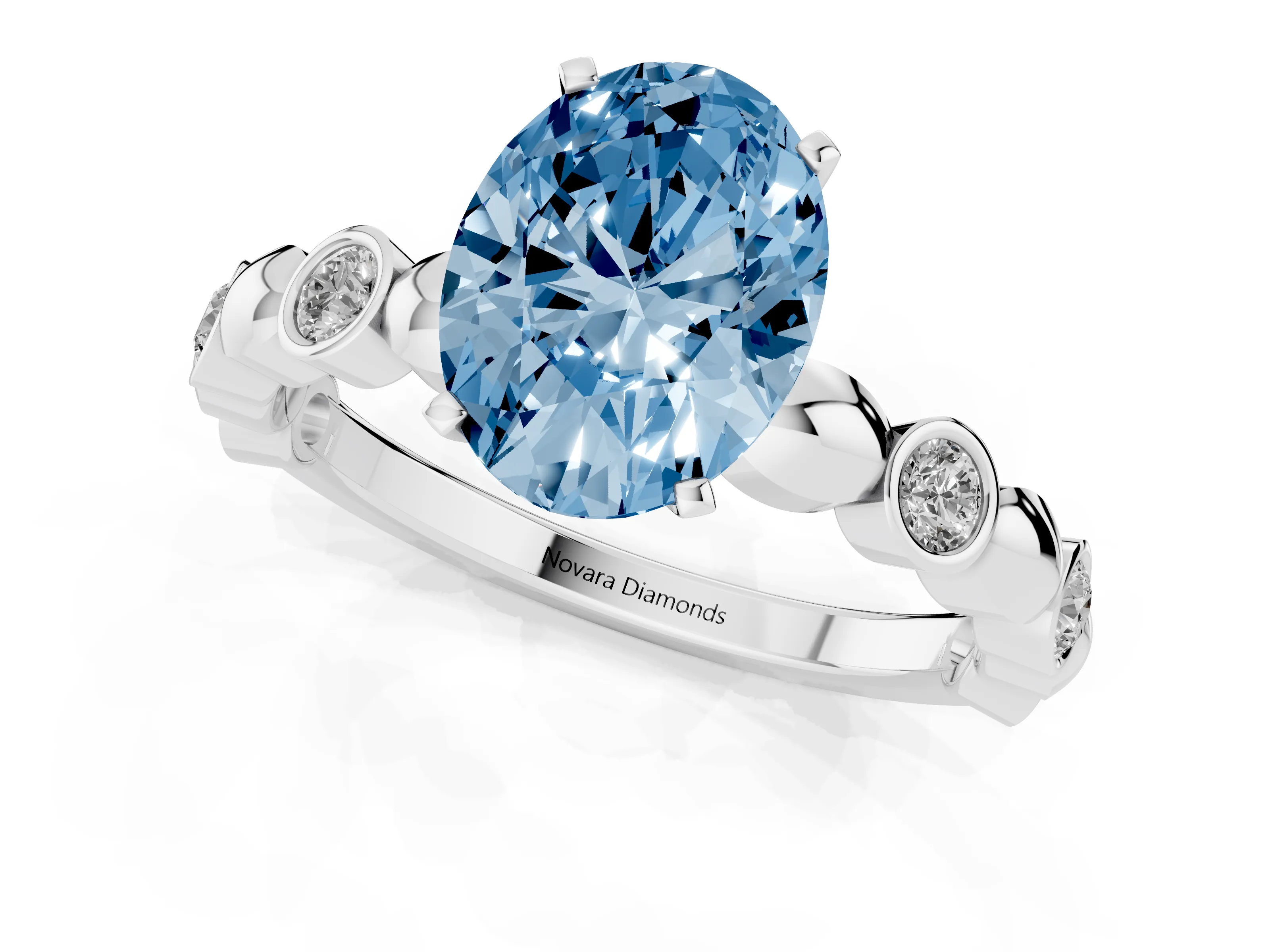 Fancy Blue Oval Cut Diamond Solitaire Ring Set in Platinum with Bezel-Set Accents on Beaded Band and Prong Setting
