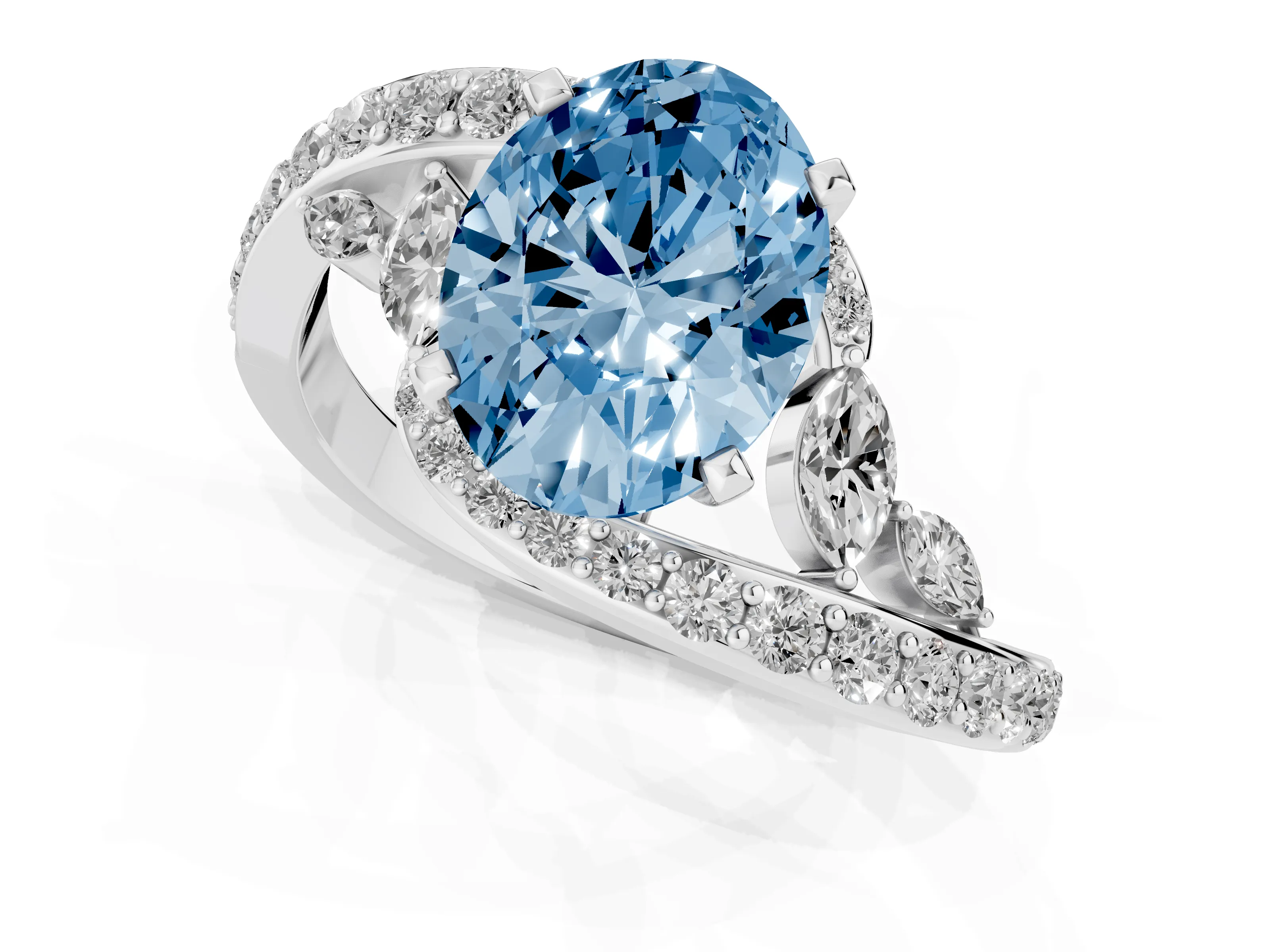 Fancy Blue Oval Cut Diamond Solitaire Ring Set in Silver with Pavé Twist Band and Secure Prong Setting