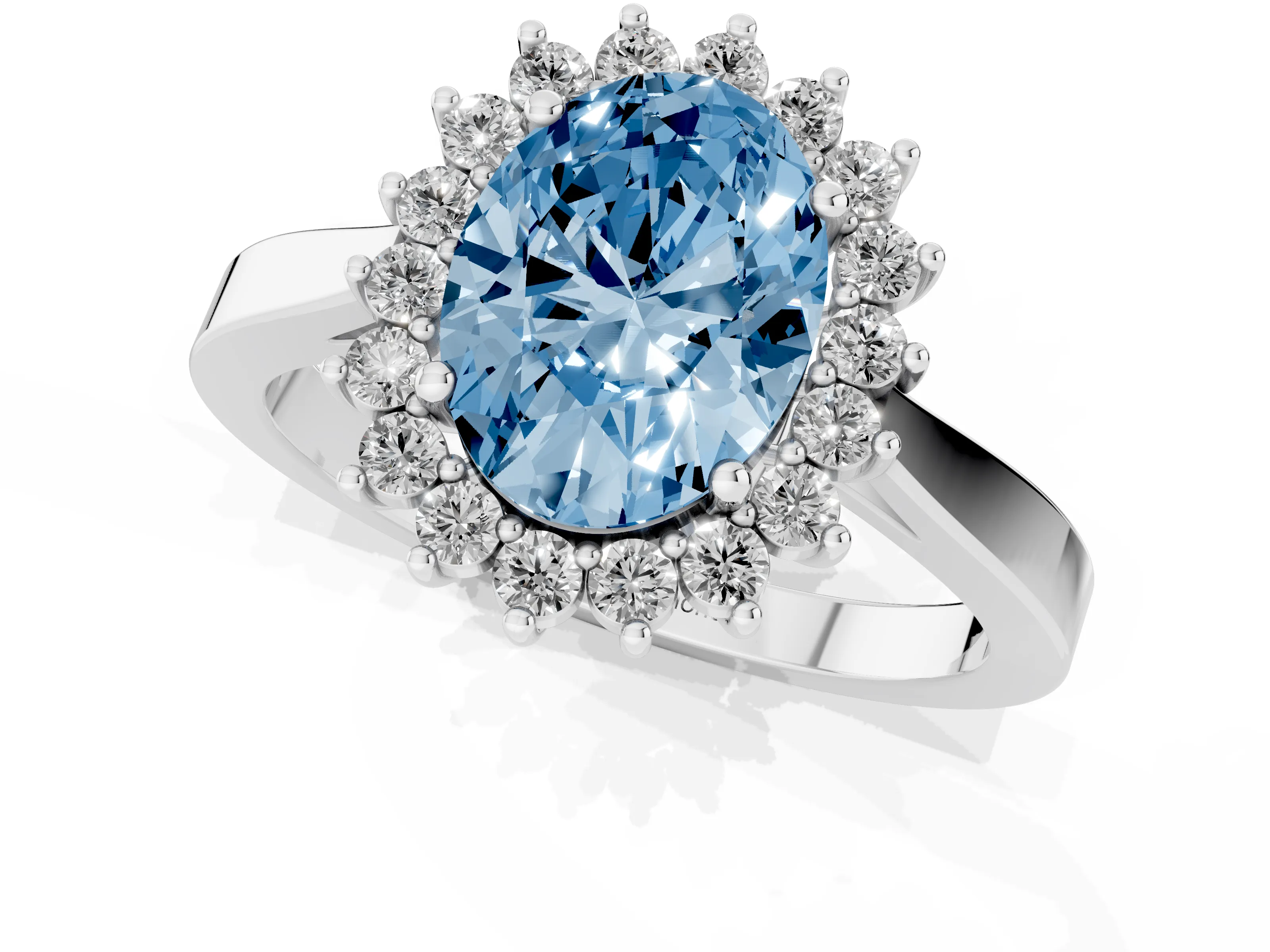 Fancy Blue Oval Cut Diamond Halo Ring Set in White gold with Round Halo and Smooth Solitaire Band