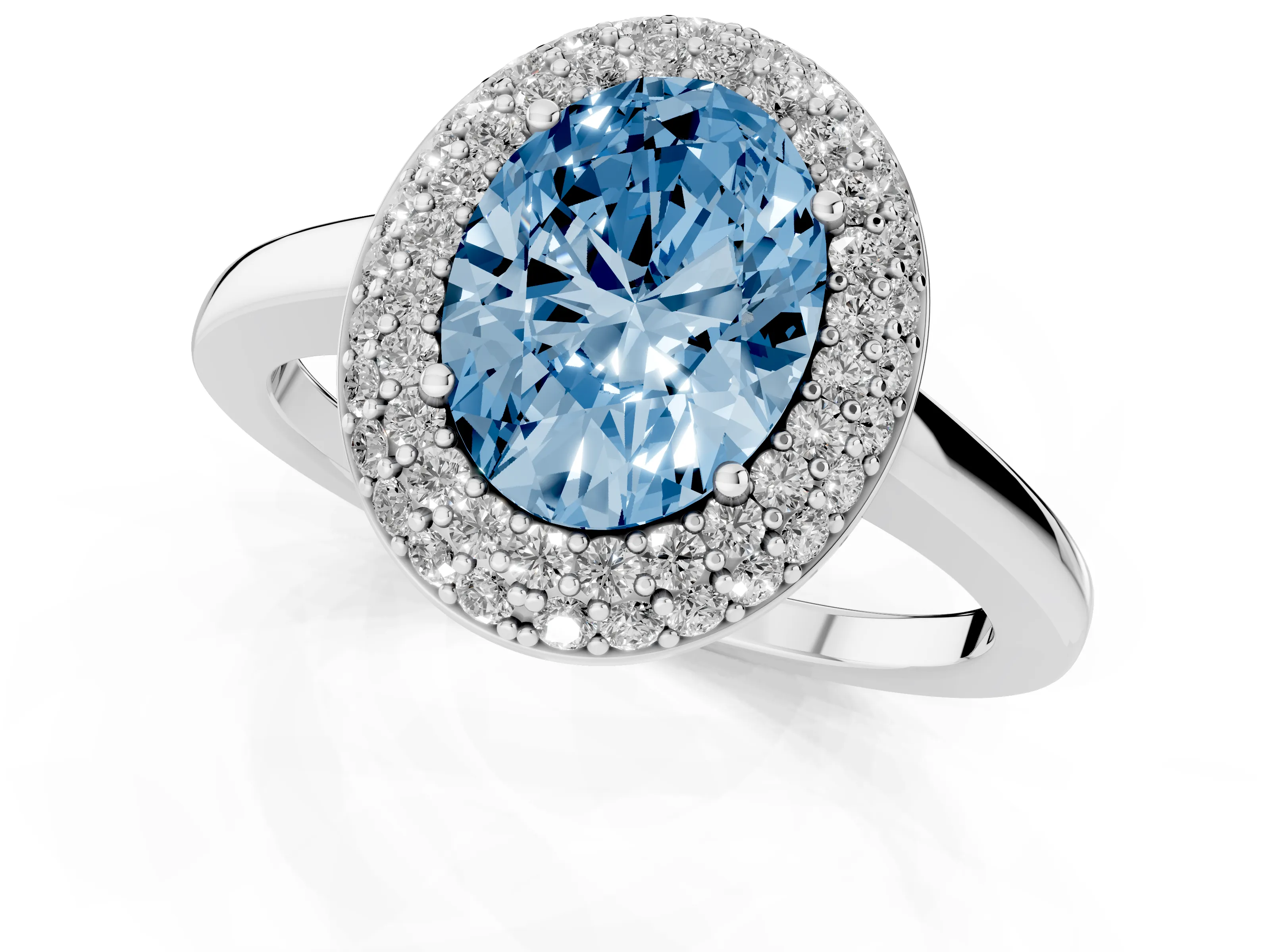 Fancy Blue Oval Cut Diamond Halo Engagement Ring Set in Silver with Solitaire Band and Prong Setting